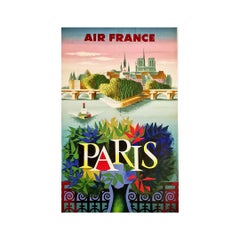 Affiche de voyage originale de Nathan pour l'Airline Air France - Notre-Dame - Paris