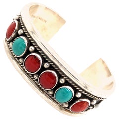 Vintage Nathan George Sterling Silver Coral and Turquoise Cuff Bracelet