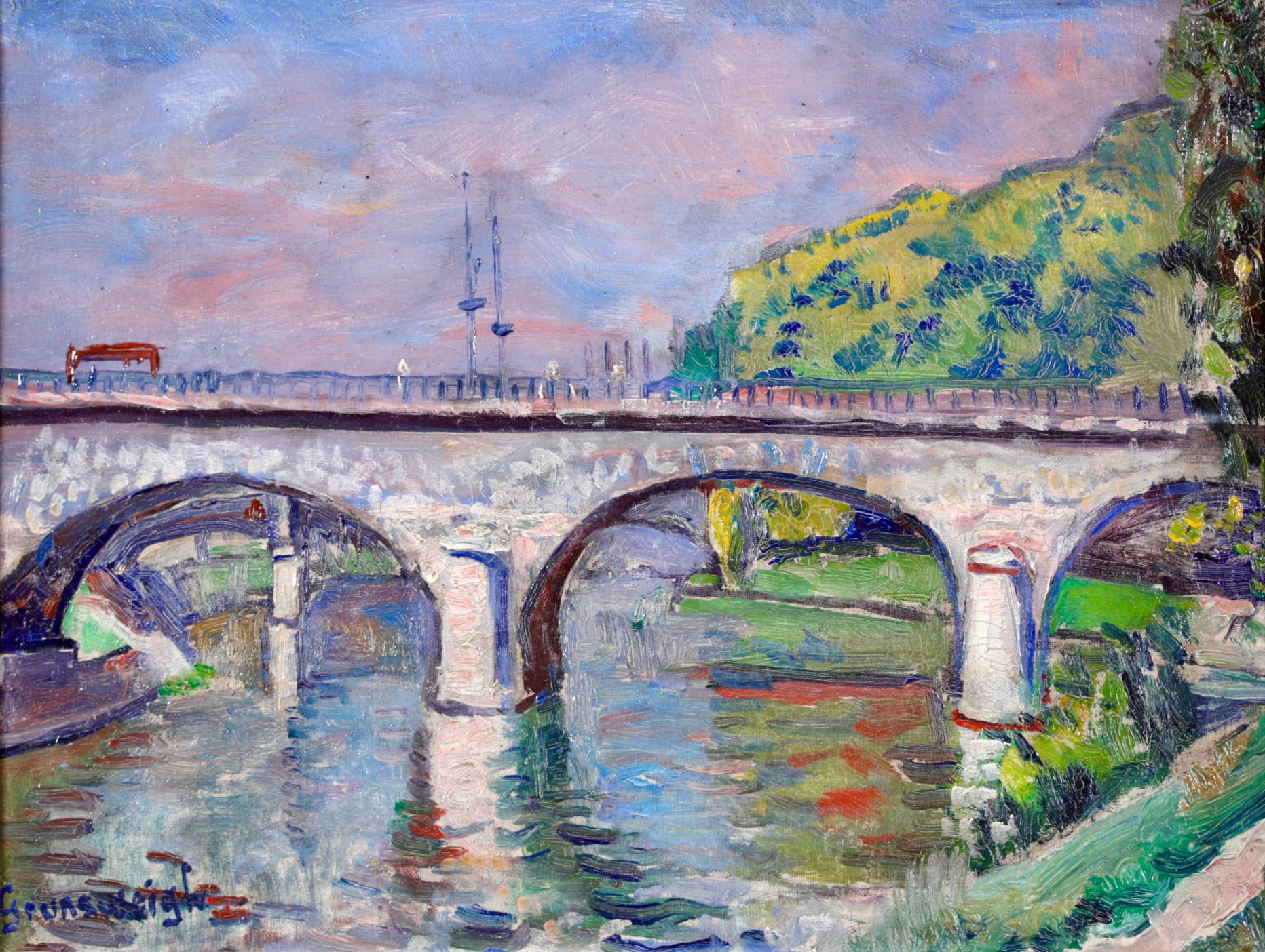 Signed post impressionist oil on canvas riverscape circa 1920 but Polish painter Nathan Grunsweigh. The work depicts a view of the bridge over the River Seine in Paris. A beautifully coloured piece.

Signature:
Signed lower left

Dimensions:
Framed: