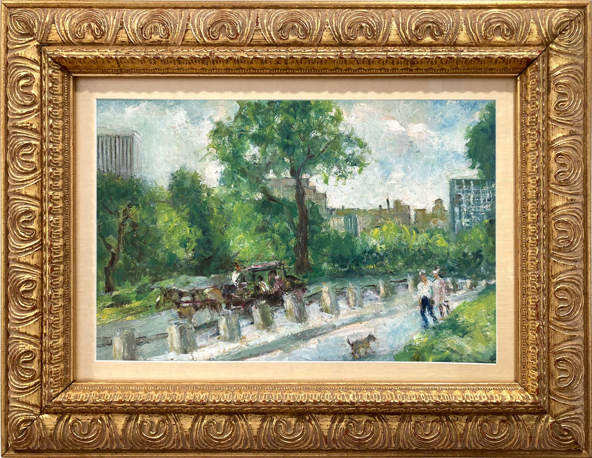 Figurative Painting di Nathan Hoffman - "Central Park N.Y. Guardando a sud-est con il palazzo della General Motors". Pittura a olio