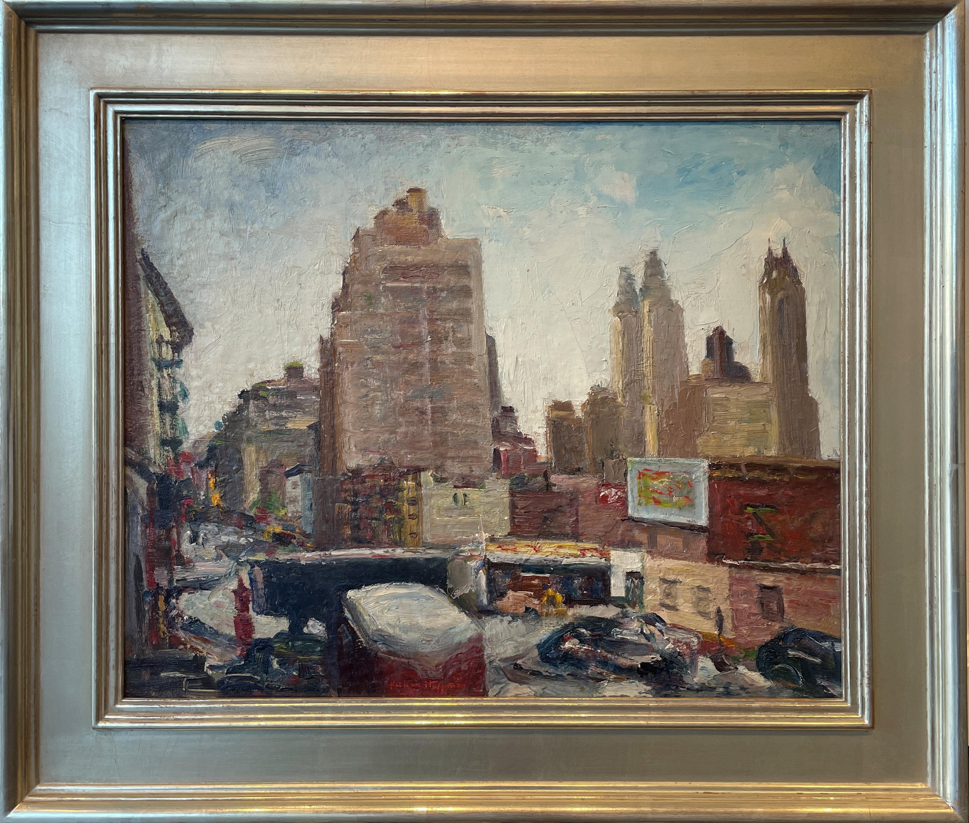 Nathan Hoffman
Manhattan from the Rooftops, July 1, 1947
Signed, dated and estate stamped on the reverse
Oil on board
15 3/4 x 20 inches

Born in Russia, the son of Friede (1878 – 1956) and Benjamin Hoffman (1878 – a. 1942). Benjamin was a dealer in
