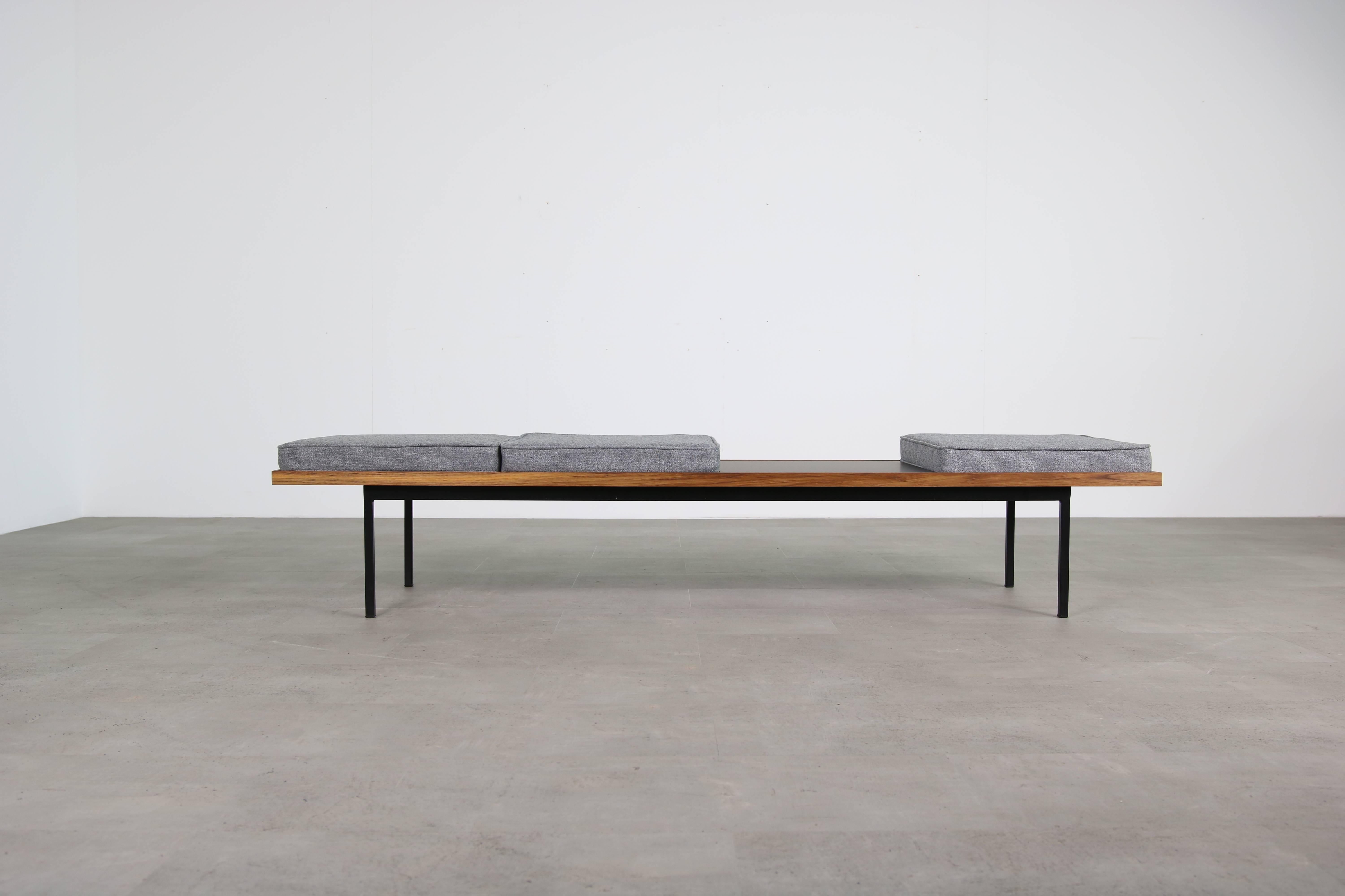 Beautiful NL 18 modular seating by Nathan Lindberg, teakwood and metal frame, perfect shape, modular seating, customizable. Available with four cushions (dark grey and grey) with one table/tray in teak, or black HPL (formica) or white HPL (formica)