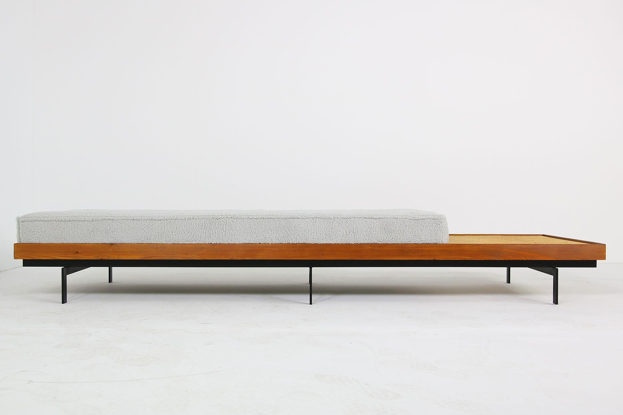 Beautiful Nathan Lindberg Siberian Larch wood (larix sibirica) super long daybed, teak vintage stained, all done in solid wood, steel base, minimalist design but heavy weight, high density foam mattress, covered with grey eco fur, teddy bear fabric,