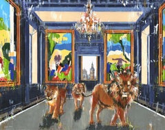 Un royaume de joie - Peinture à l'huile abstraite représentant une faune dans un intérieur - Art moderne