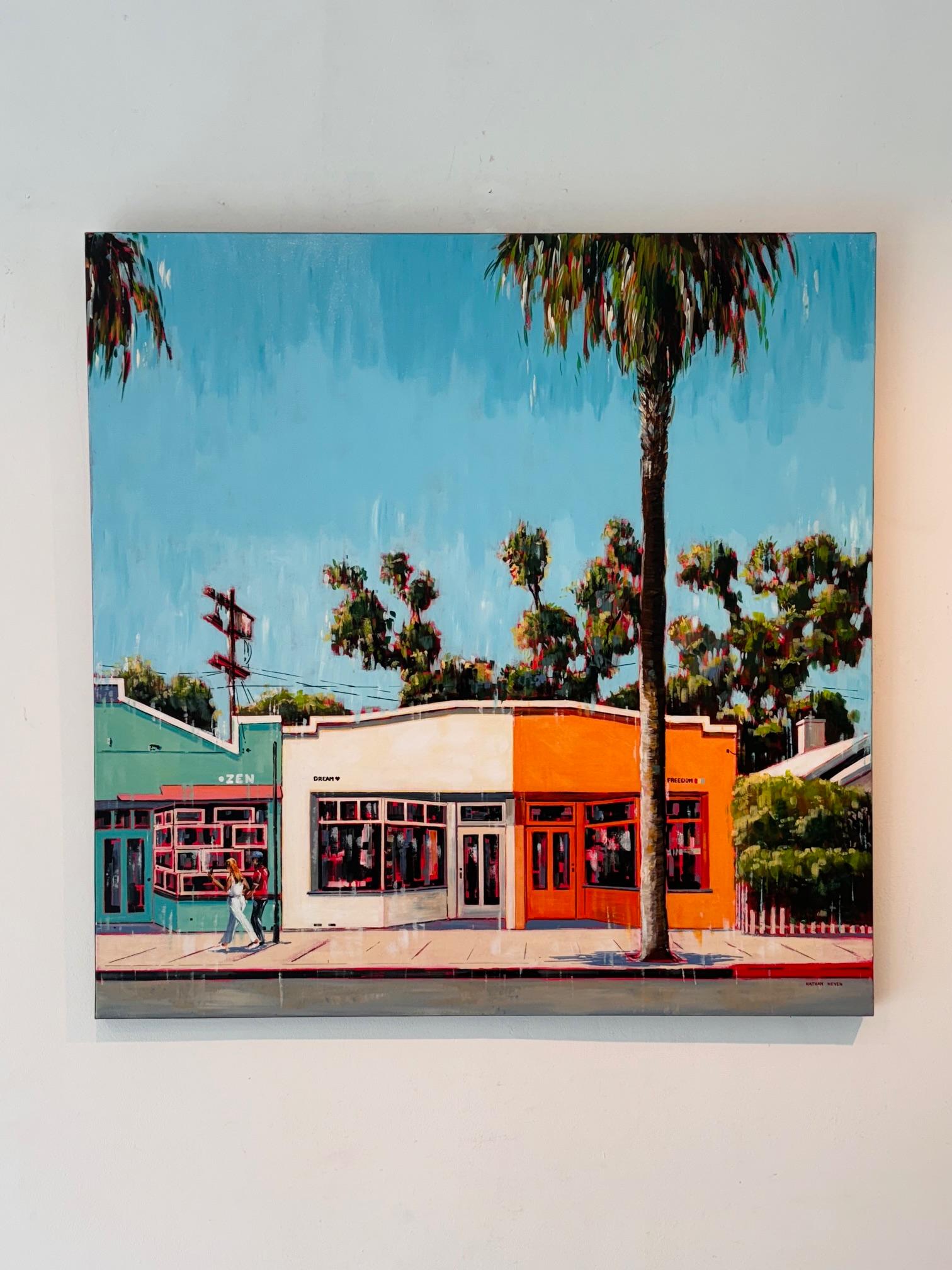 Abbot Kinney - zeitgenössischer Realismus - Ölgemälde - Stadtbild - modernes Kunstwerk (Blau), Landscape Painting, von Nathan Neven