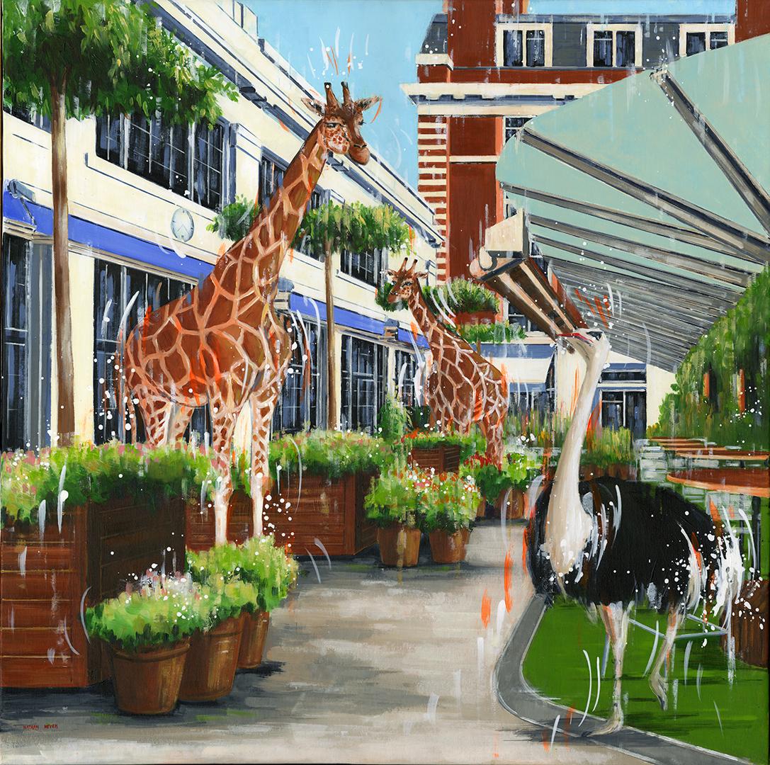 Blue Bird Chelsea -original modern London Cityscape art -wildlife oil painting 