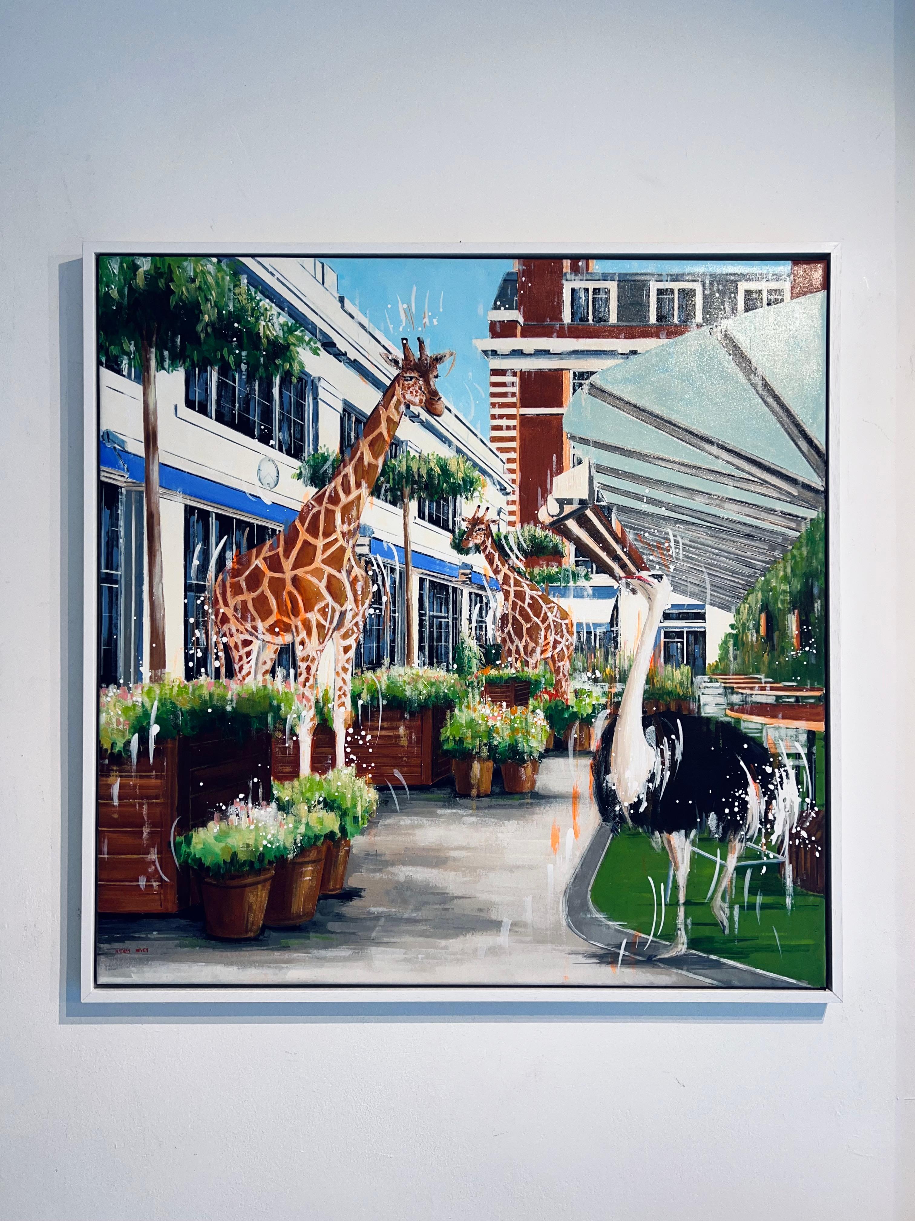 Blue Bird Chelsea -original modern wildlife  London Cityscape art -oil painting  - Painting by Nathan Neven