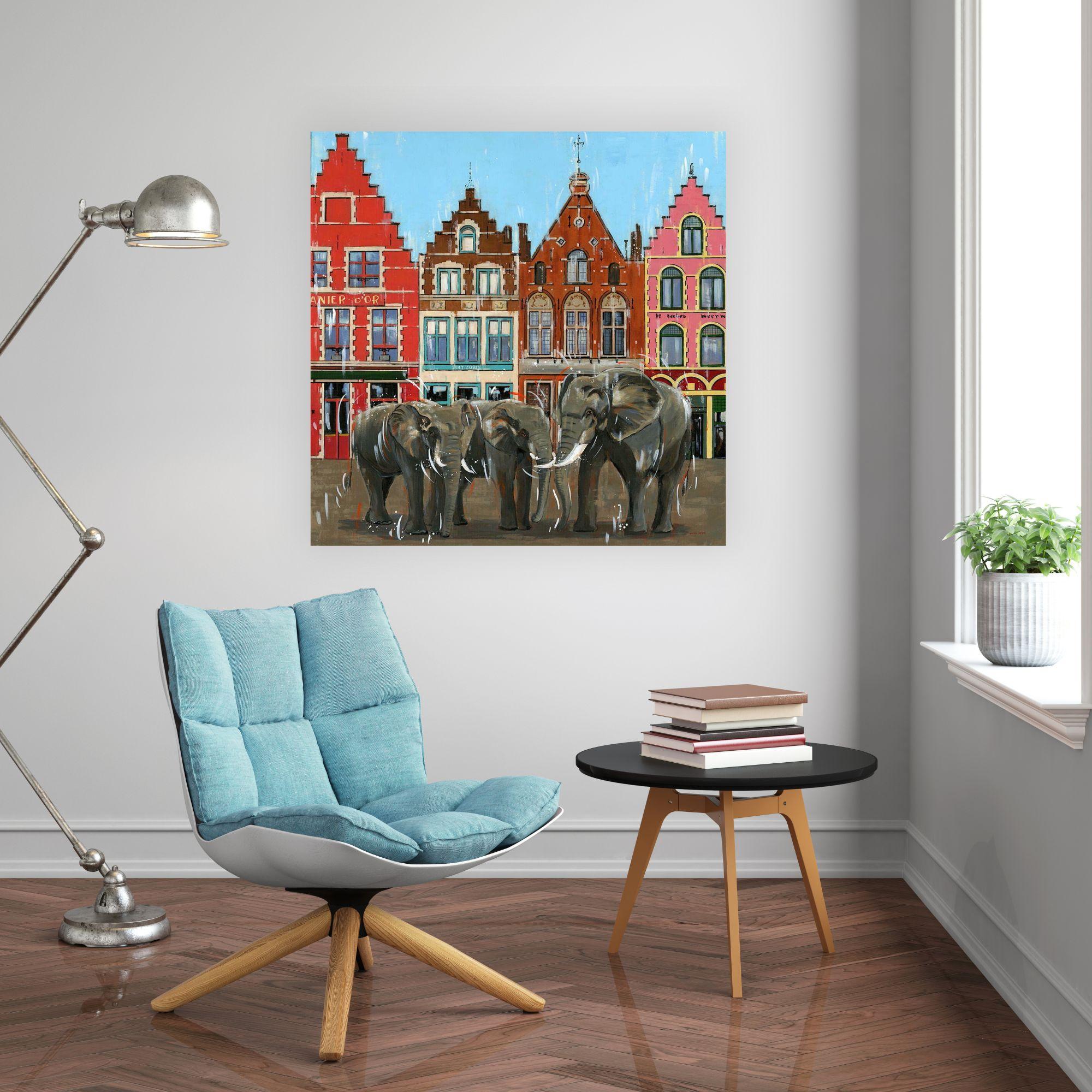 Bruges-architecture originale paysage urbain faune et flore peinture à l'huile- art contemporain - Painting de Nathan Neven