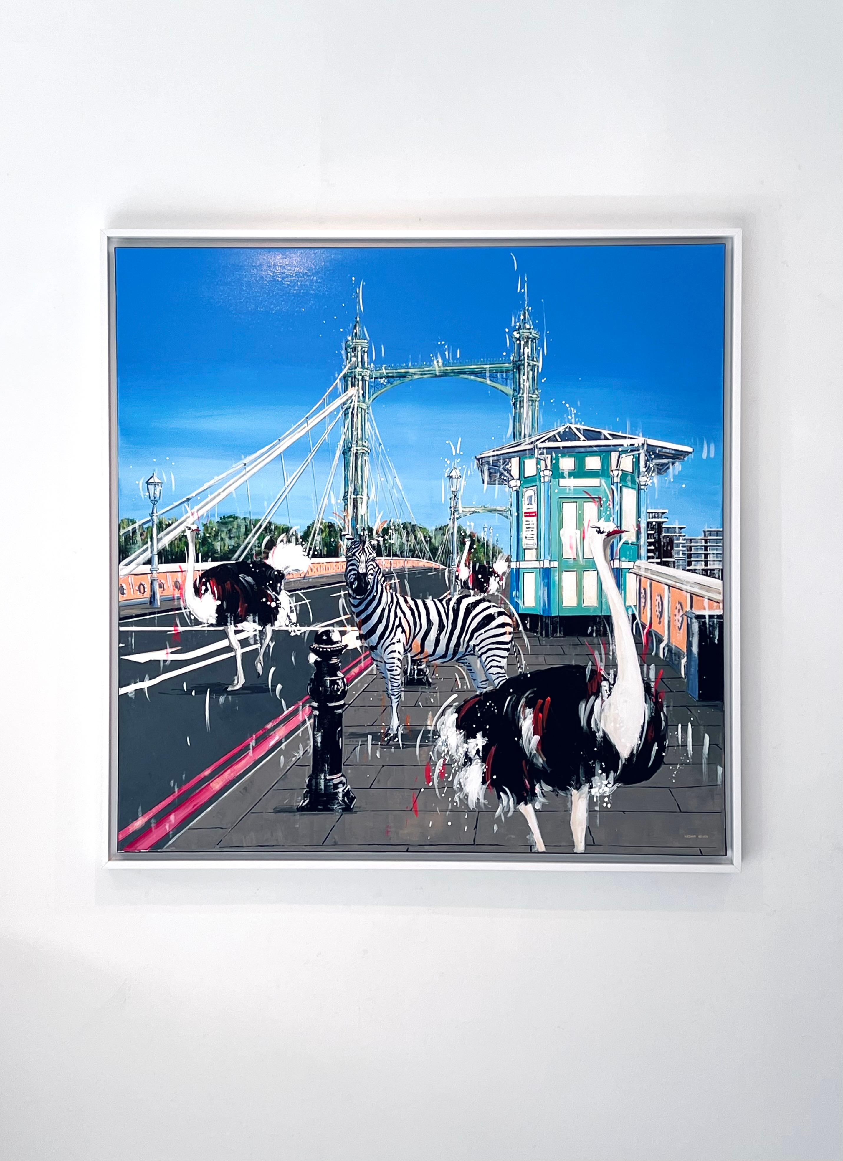 Crossing The Albert Bridge- original London wildlife Cityscape oil painting- art - Painting by Nathan Neven