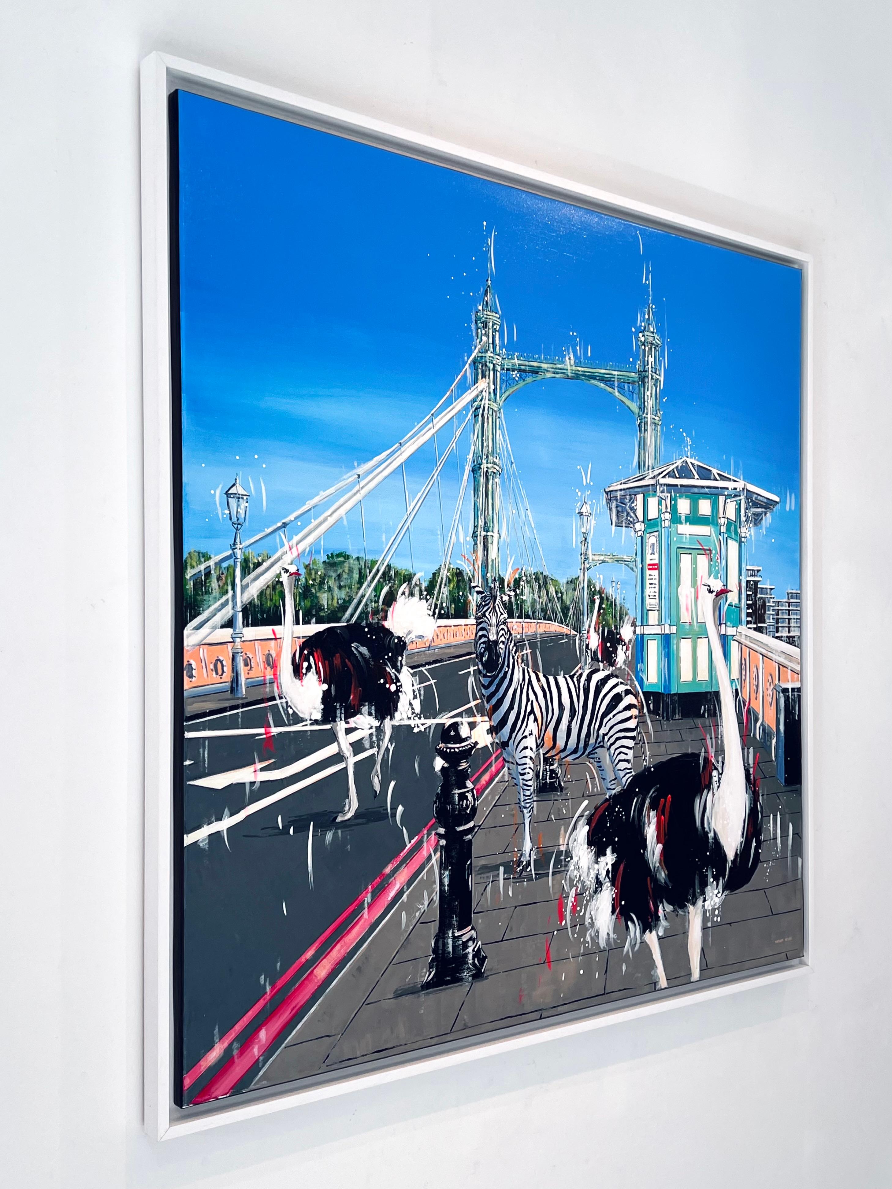 Crossing The Albert Bridge - peinture à l'huile originale de paysage urbain londonien - art - Bleu Animal Painting par Nathan Neven