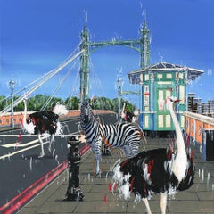 Crossing The Albert Bridge – Original Londoner Tierwelt, Stadtlandschaft, Ölgemälde – Kunst