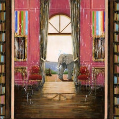 Elephant Outside- surreal wildlife animal interiors original oil painting