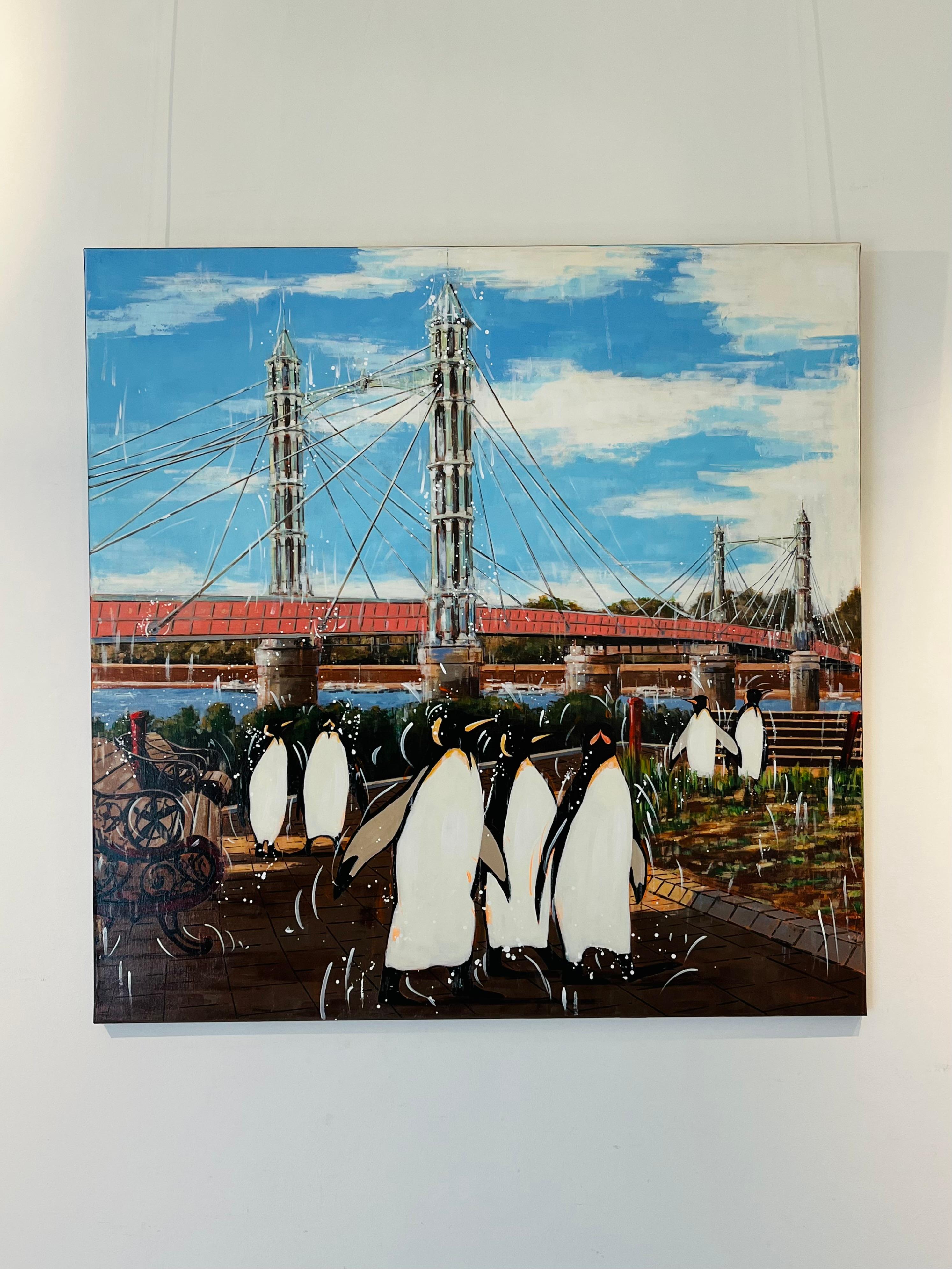 Emperors and Albert Bridge - surrealist wildlife animal oil painting- modern art - Painting by Nathan Neven