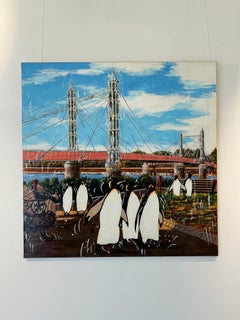 Emperors and Albert Bridge - surrealist wildlife animal oil painting- modern art