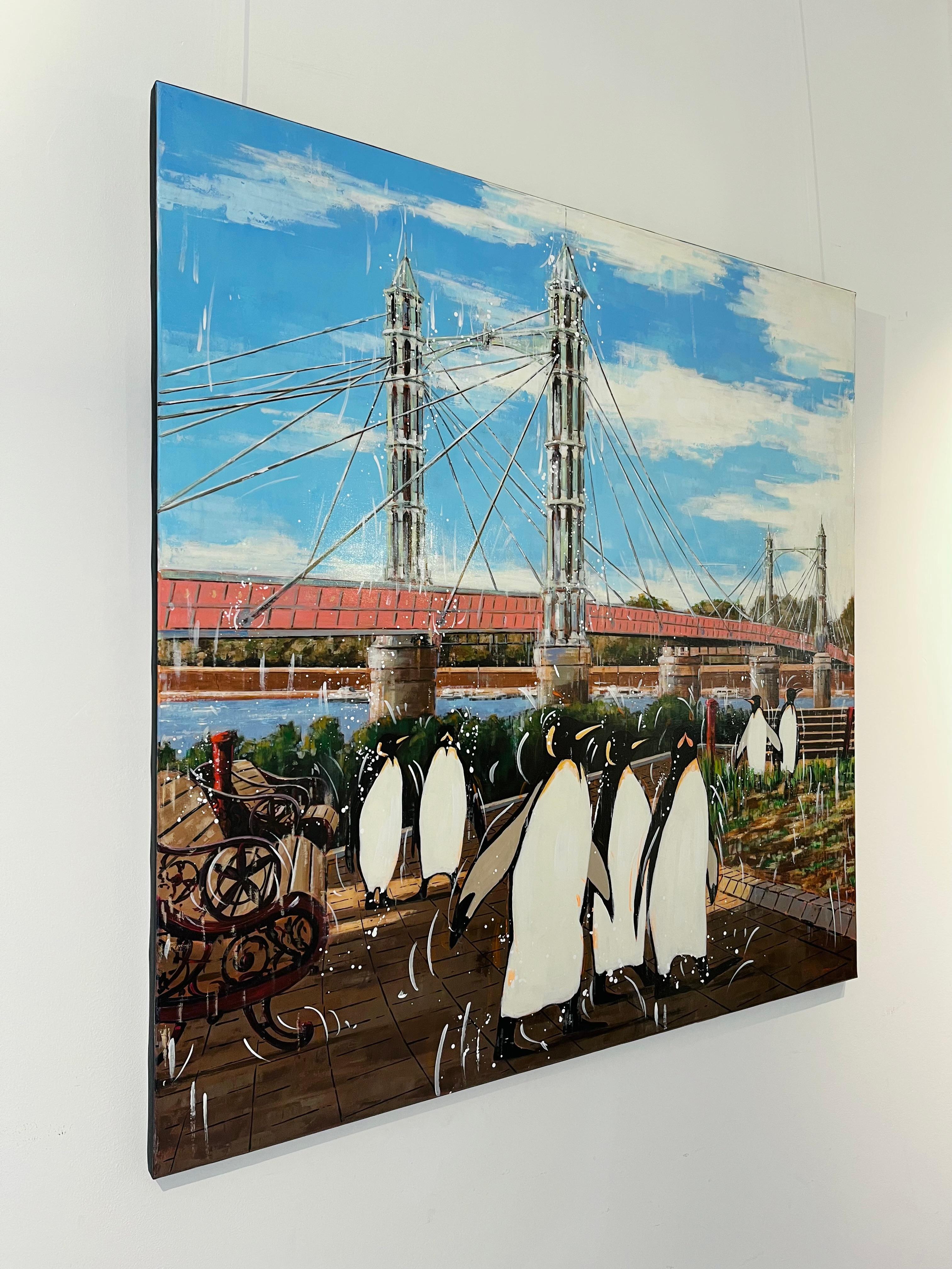 Emperors and Albert Bridge - surrealist wildlife animal oil painting- modern art - Surrealist Painting by Nathan Neven