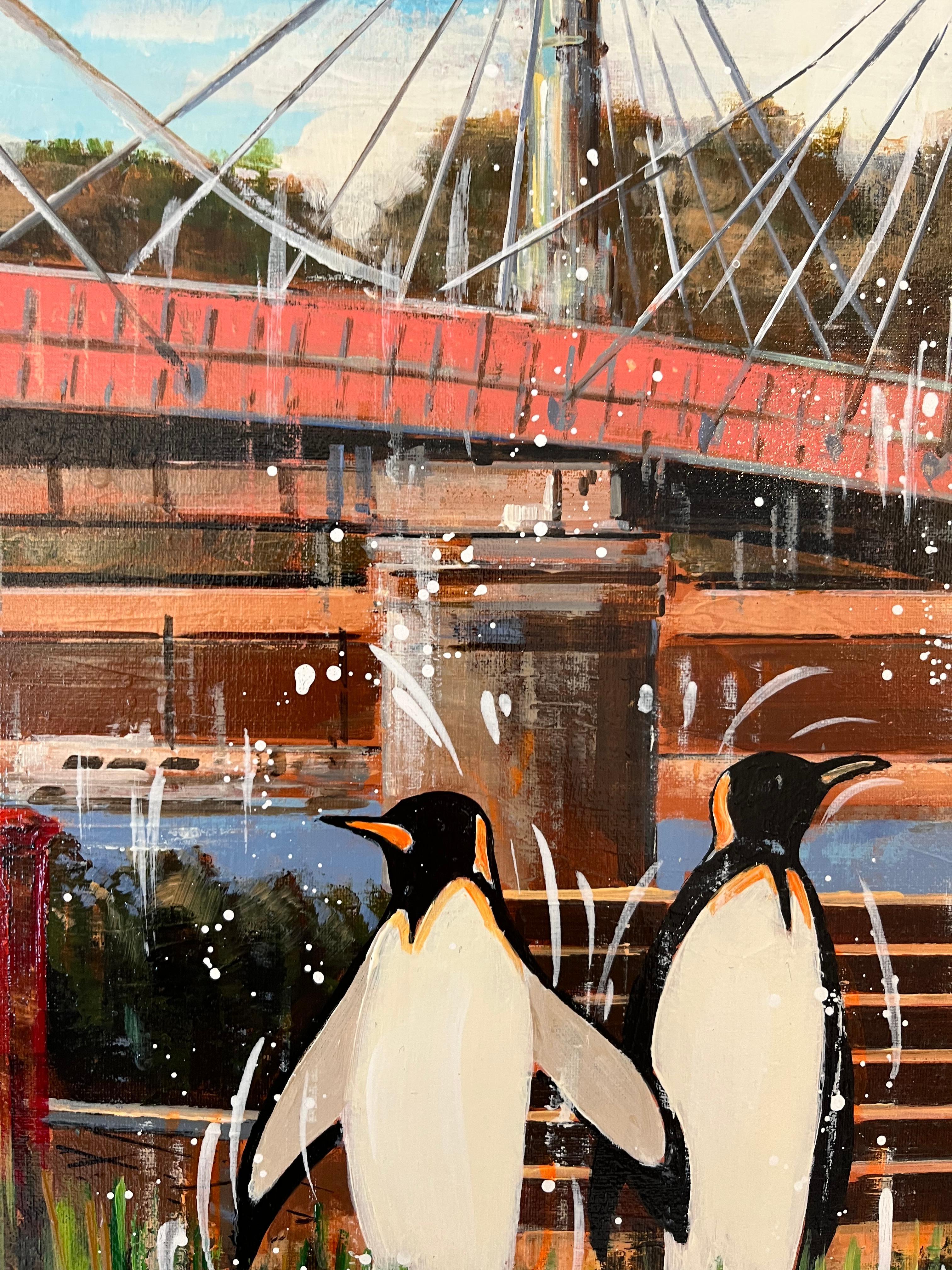 Emperors and Albert Bridge – surrealistisches Ölgemälde von Tieren aus der Tierwelt, Ölgemälde der modernen Kunst (Grau), Animal Painting, von Nathan Neven