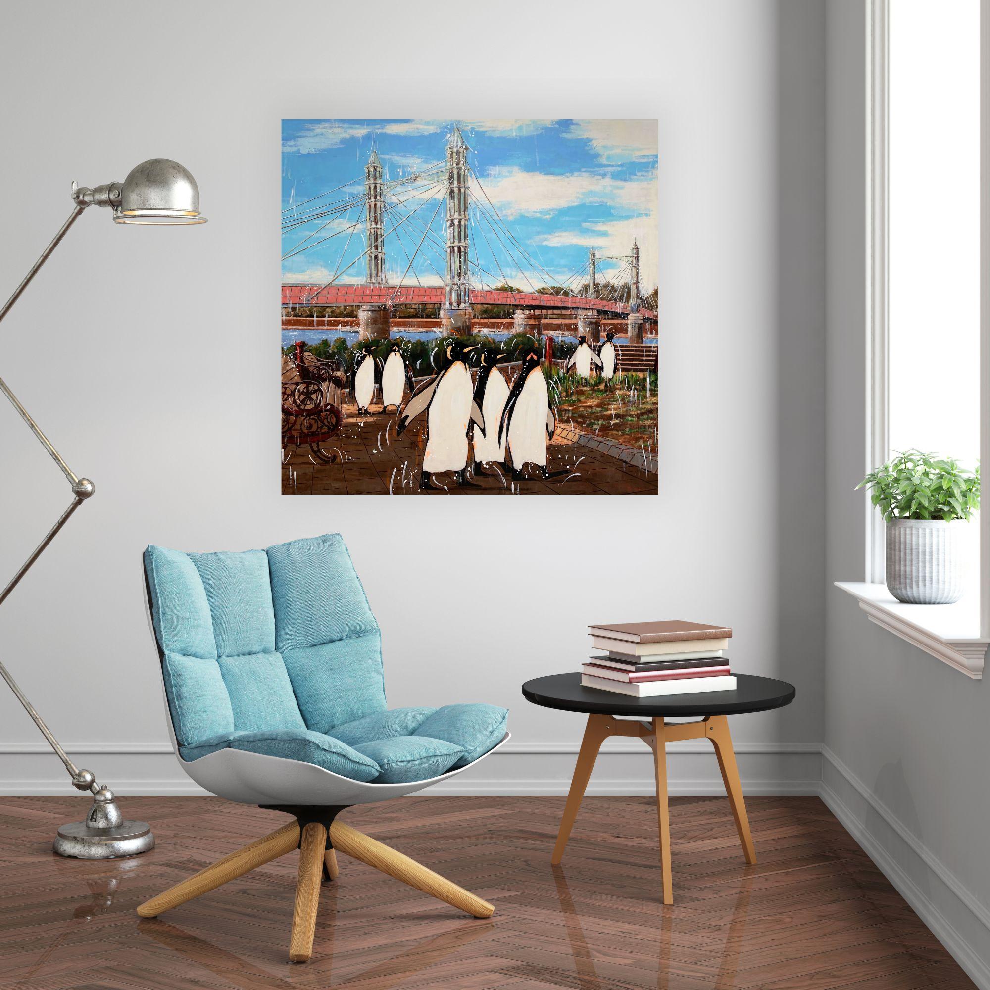 In this contemporary surrealist painting, Nathan Neven skillfully merges a familiar cityscape and classic architectural elements with the unexpected presence of an Arctic penguin near the iconic Albert Bridge in London. This delightful and dreamlike