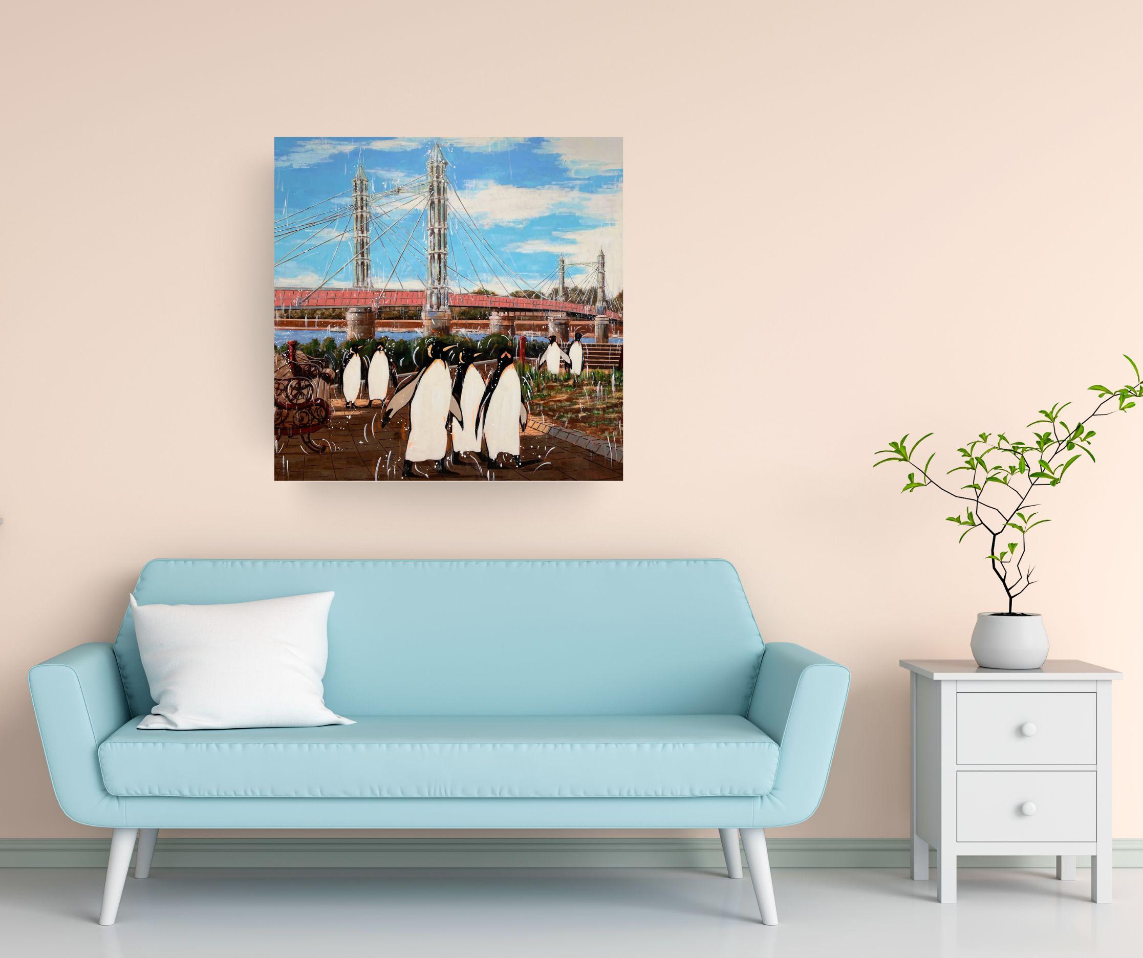 This exceptional artwork is currently on display and available for sale at Signet Contemporary Art Gallery and online.

In this contemporary surrealist painting, Nathan Neven skillfully merges a familiar cityscape and classic architectural elements