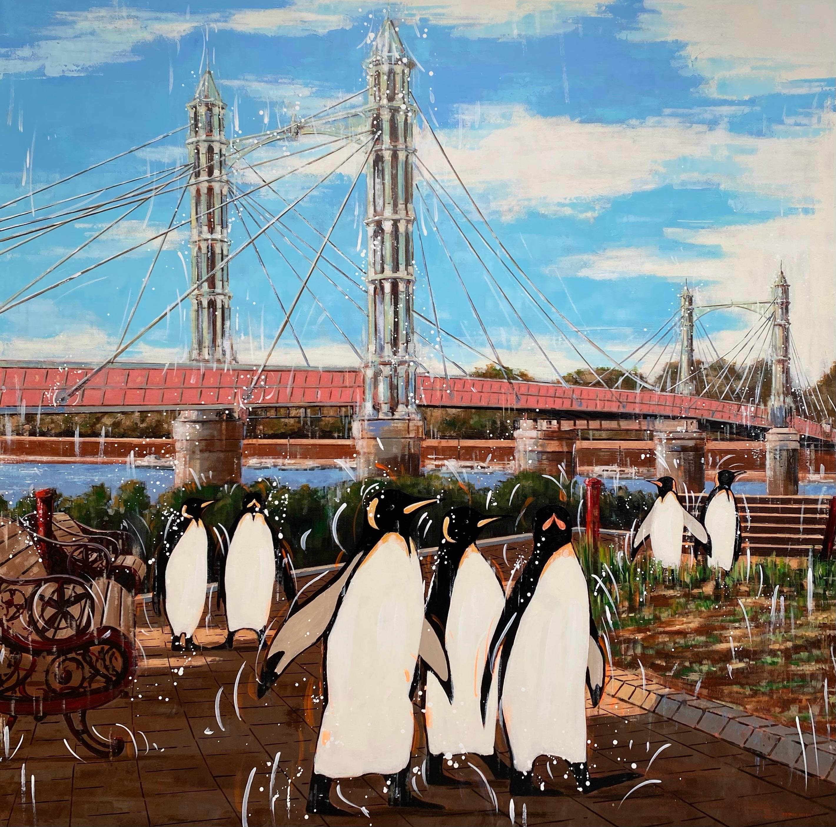 Nathan Neven Animal Painting - Emperors and Albert Bridge - surrealist wildlife animal oil painting- modern art