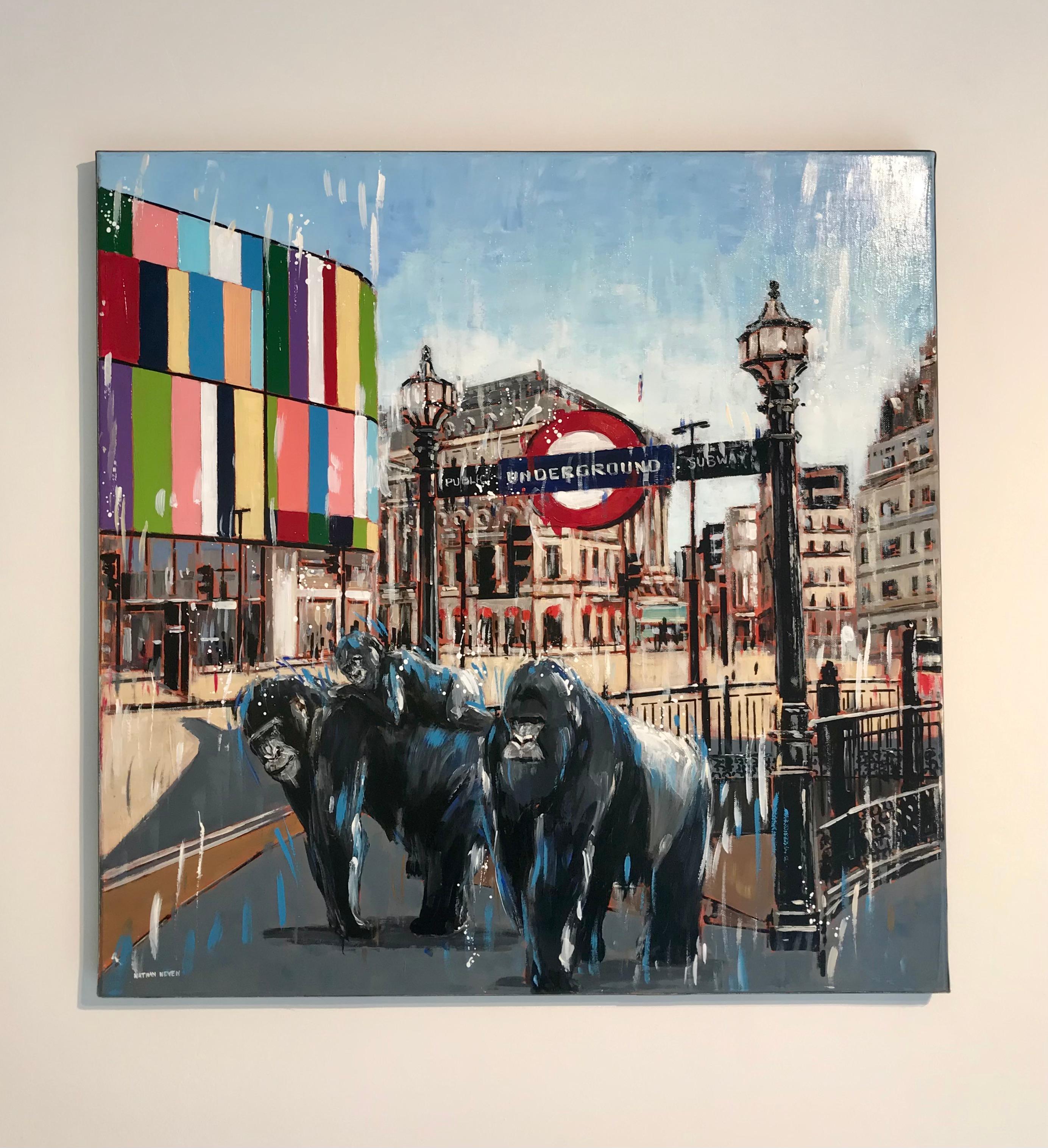 Día libre en familia - Londres paisaje urbano moderno fauna surrealista pintura abstracta al óleo - Painting de Nathan Neven