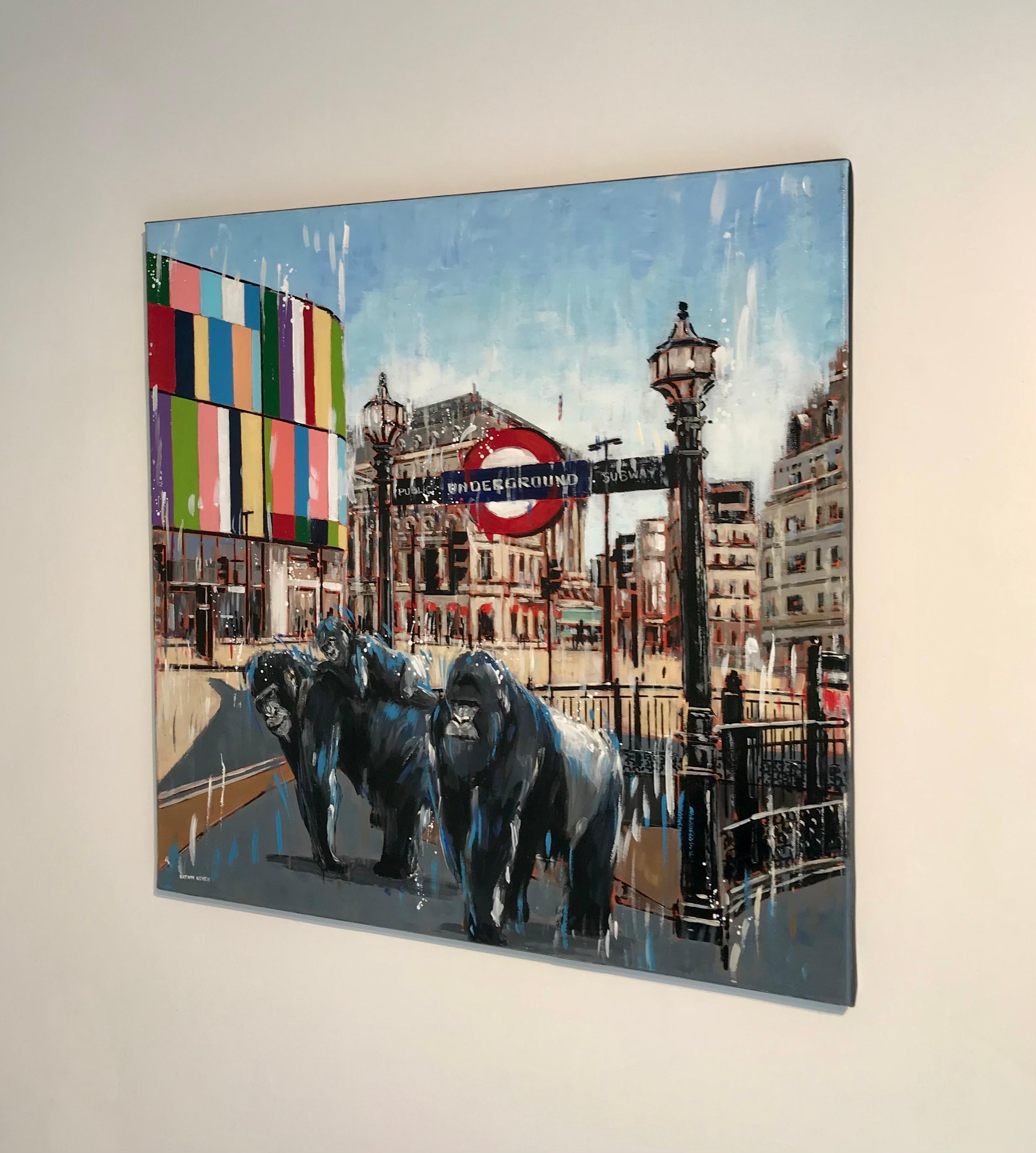 Family Day Off - London modern cityscape wildlife surreal abstract oil painting  - Surrealist Painting by Nathan Neven
