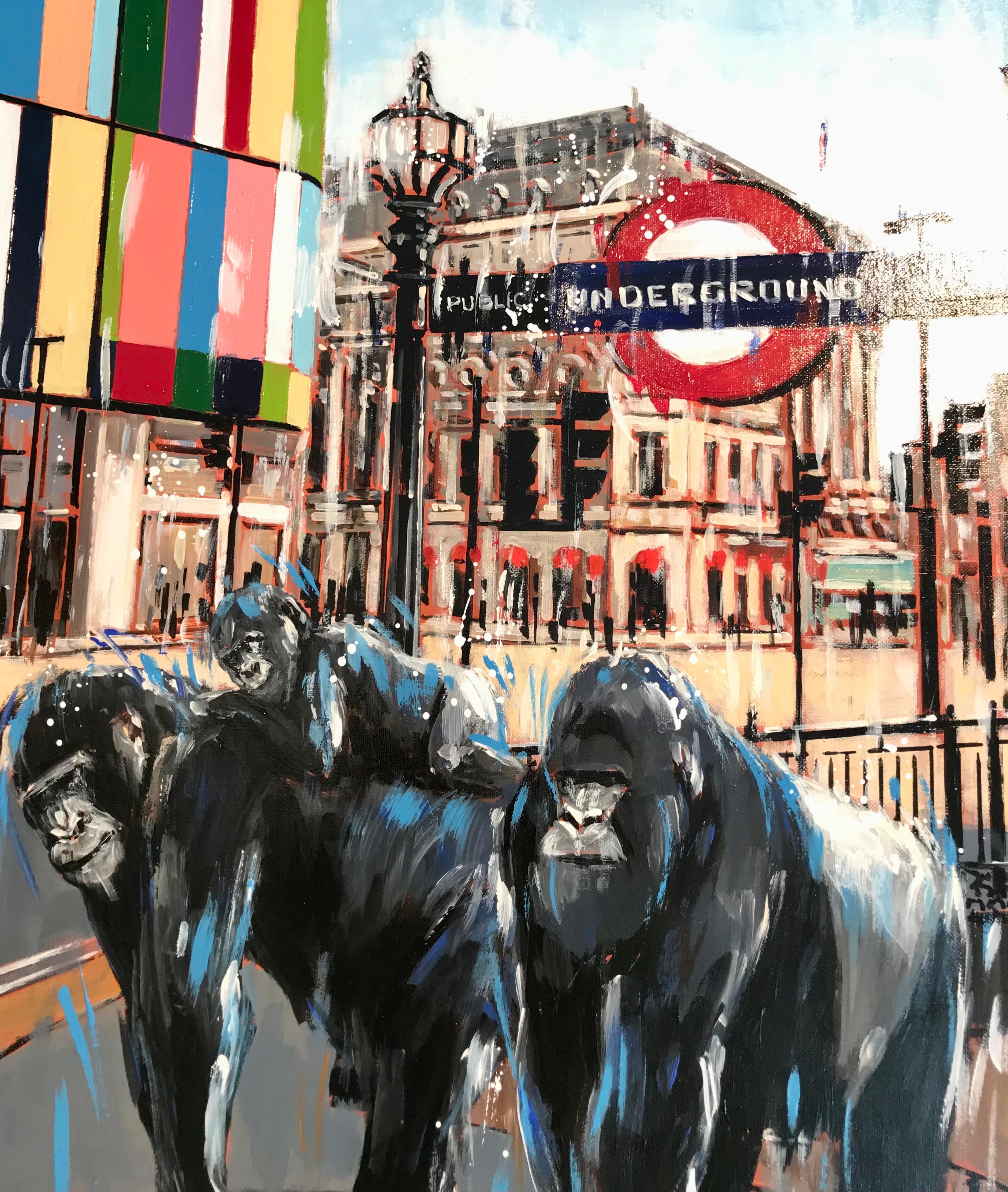 Dans cette peinture surréaliste contemporaine, Nathan juxtapose une scène urbaine familière et une entrée de métro classique à la présence inhabituelle de singes. Cette charmante scène onirique est ornée d'éclaboussures de peinture abstraites