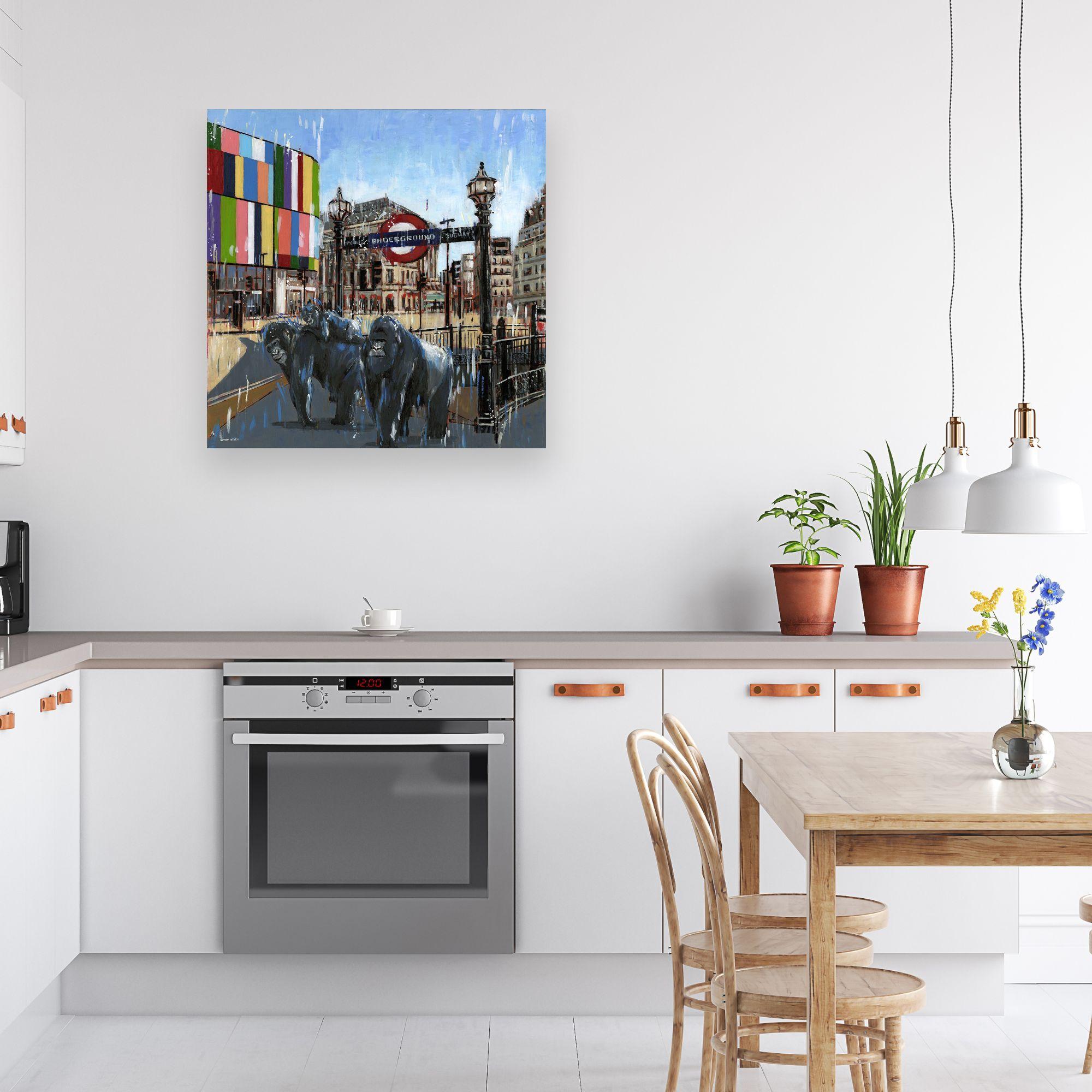 Día libre en familia - Londres paisaje urbano moderno fauna surrealista pintura abstracta al óleo en venta 1