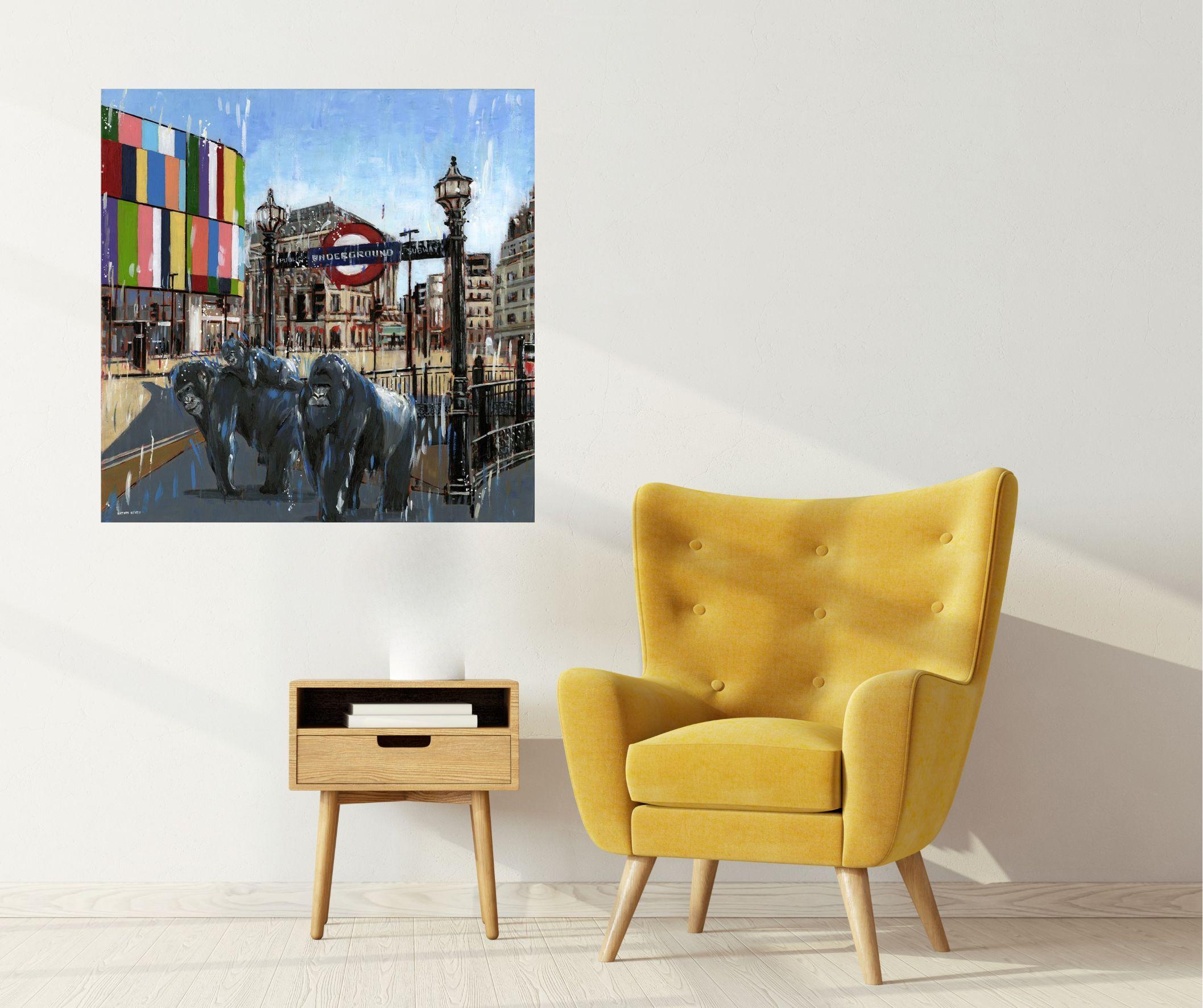 Family Day Off - London modern cityscape wildlife surreal abstract oil painting For Sale 1