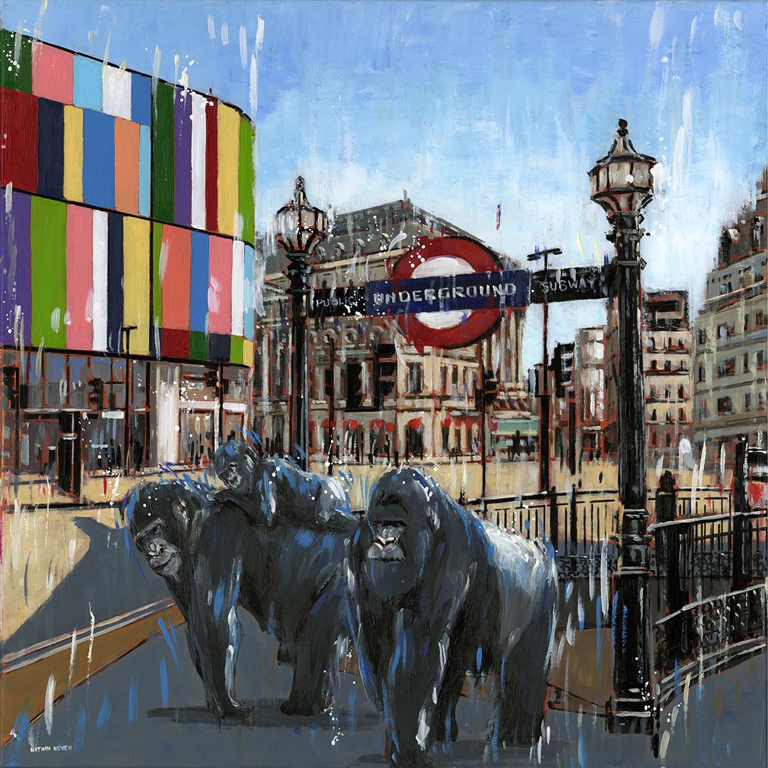 Family Day Off - London modern cityscape wildlife surréaliste peinture à l'huile abstraite 