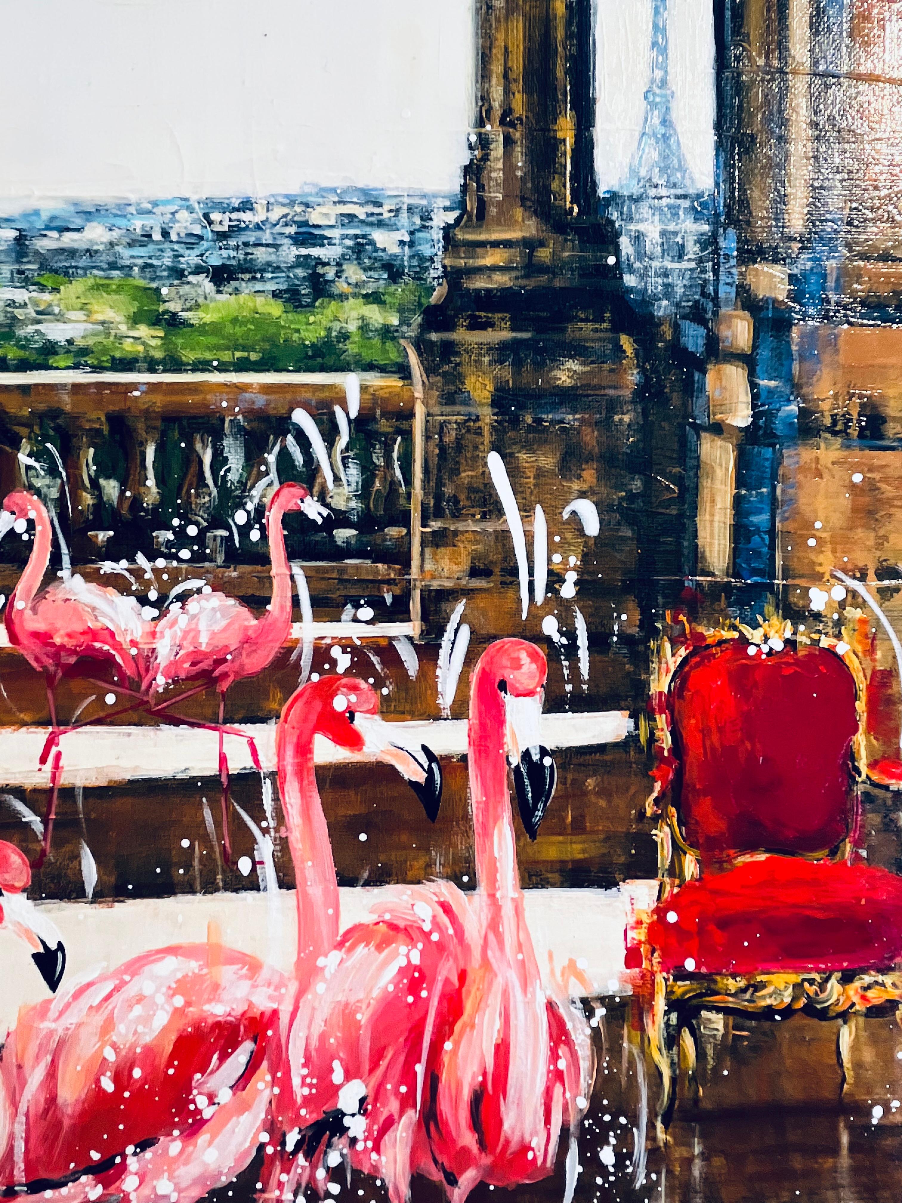 Flamingos erkundet Frankreich-original abstrakte Landschafts-Ölgemälde-Kunst (Braun), Animal Painting, von Nathan Neven