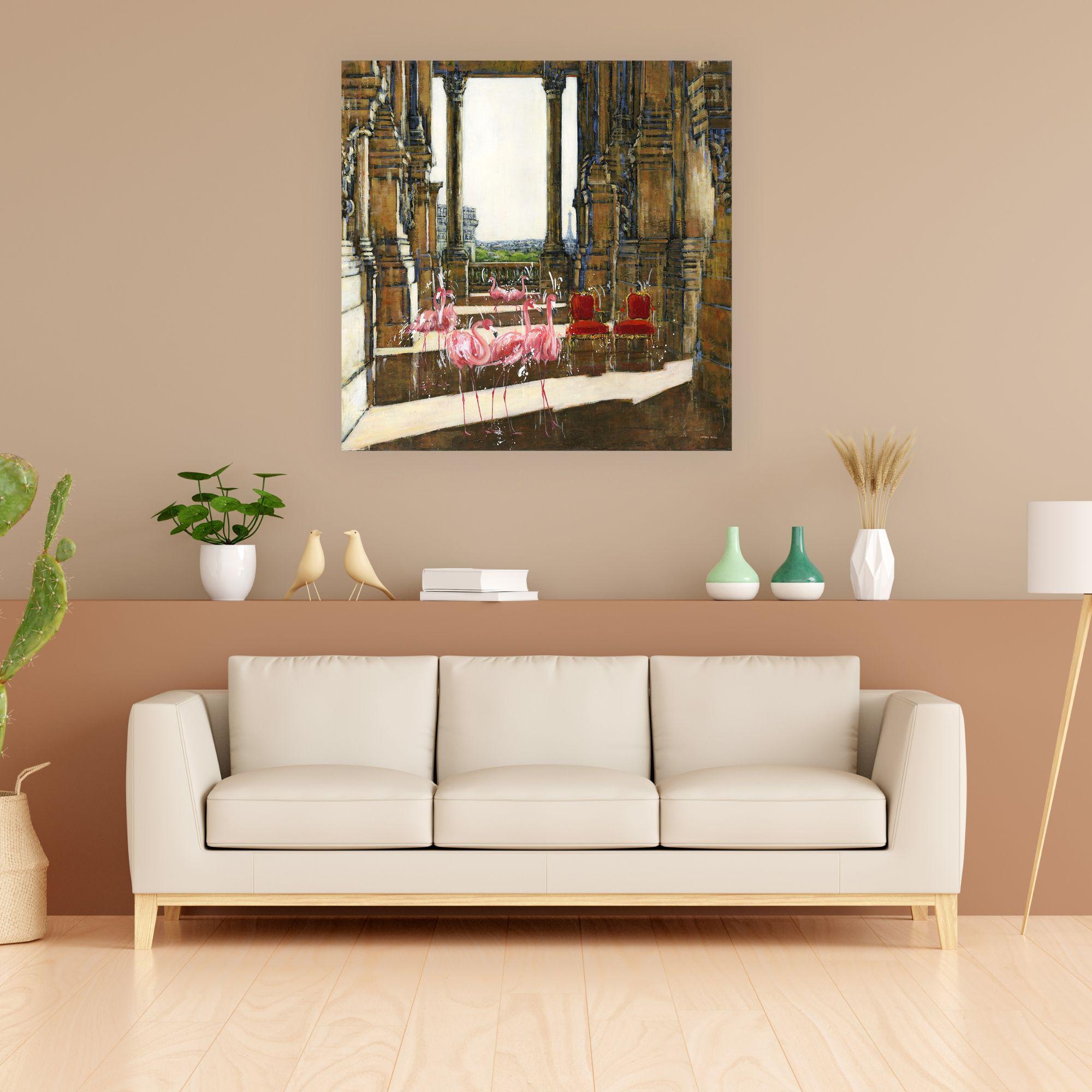 Flamingos exploring France-original abstract landscape wildlife oil painting-Art For Sale 1