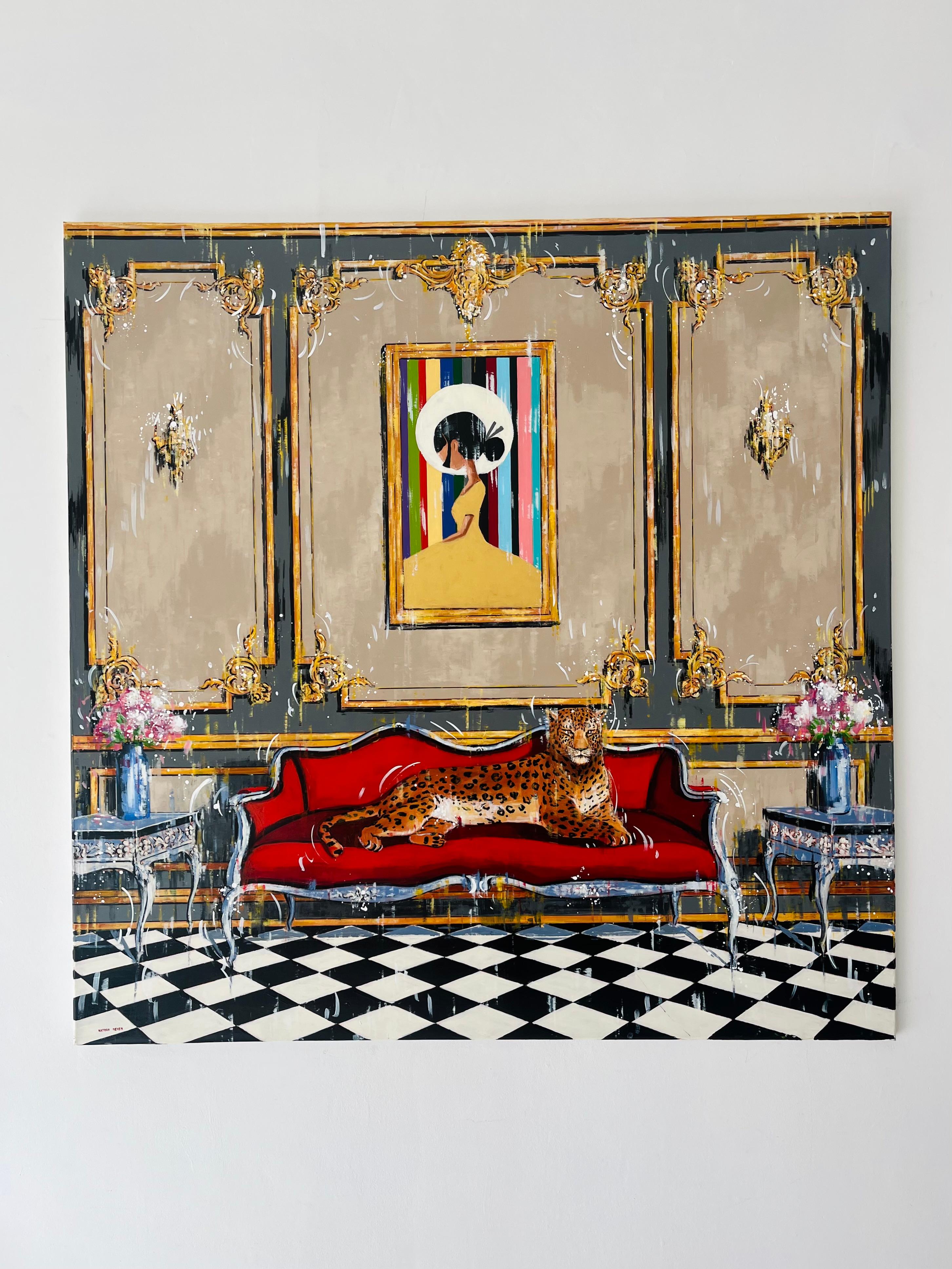 Dama Dorada - pintura al óleo original Leopardo interior salvaje contemporáneo- arte - Painting de Nathan Neven