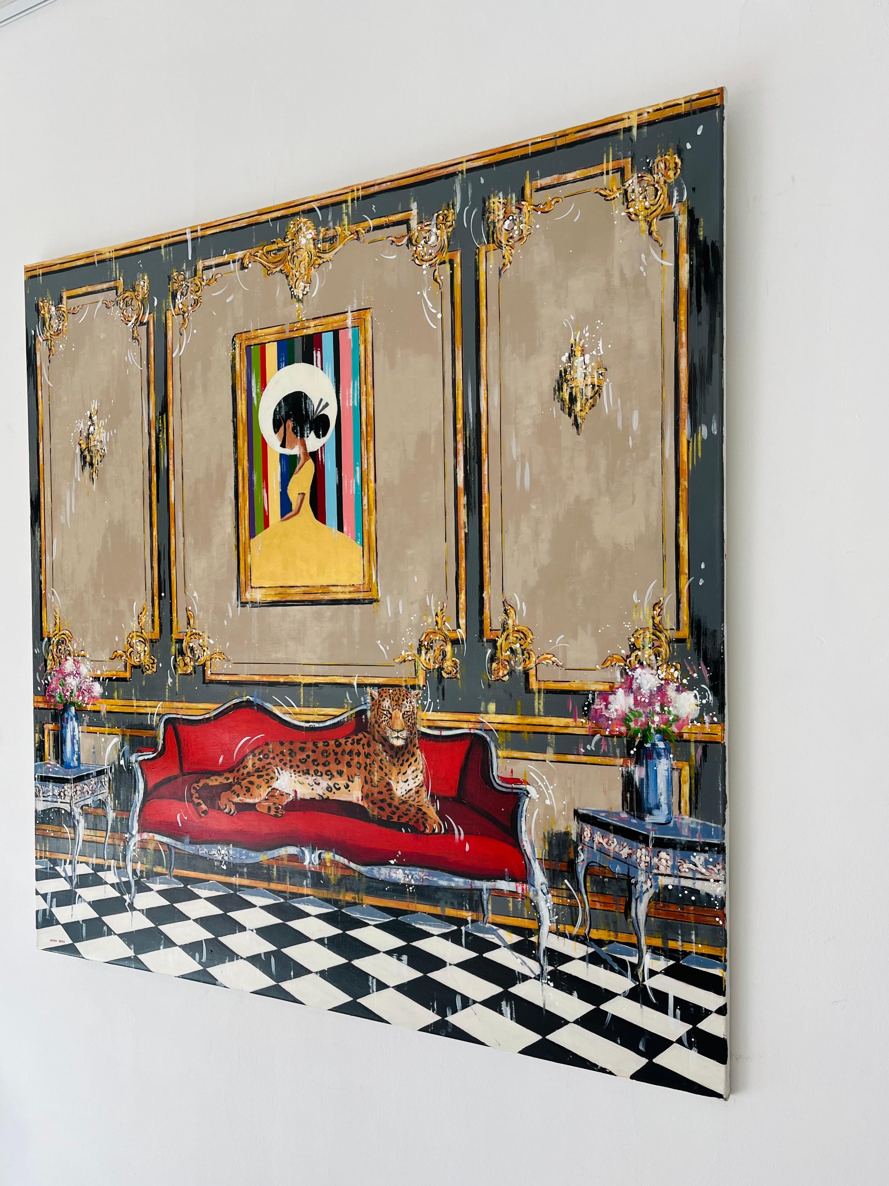Dama Dorada - pintura al óleo original Leopardo interior salvaje contemporáneo- arte - Painting Surrealista de Nathan Neven