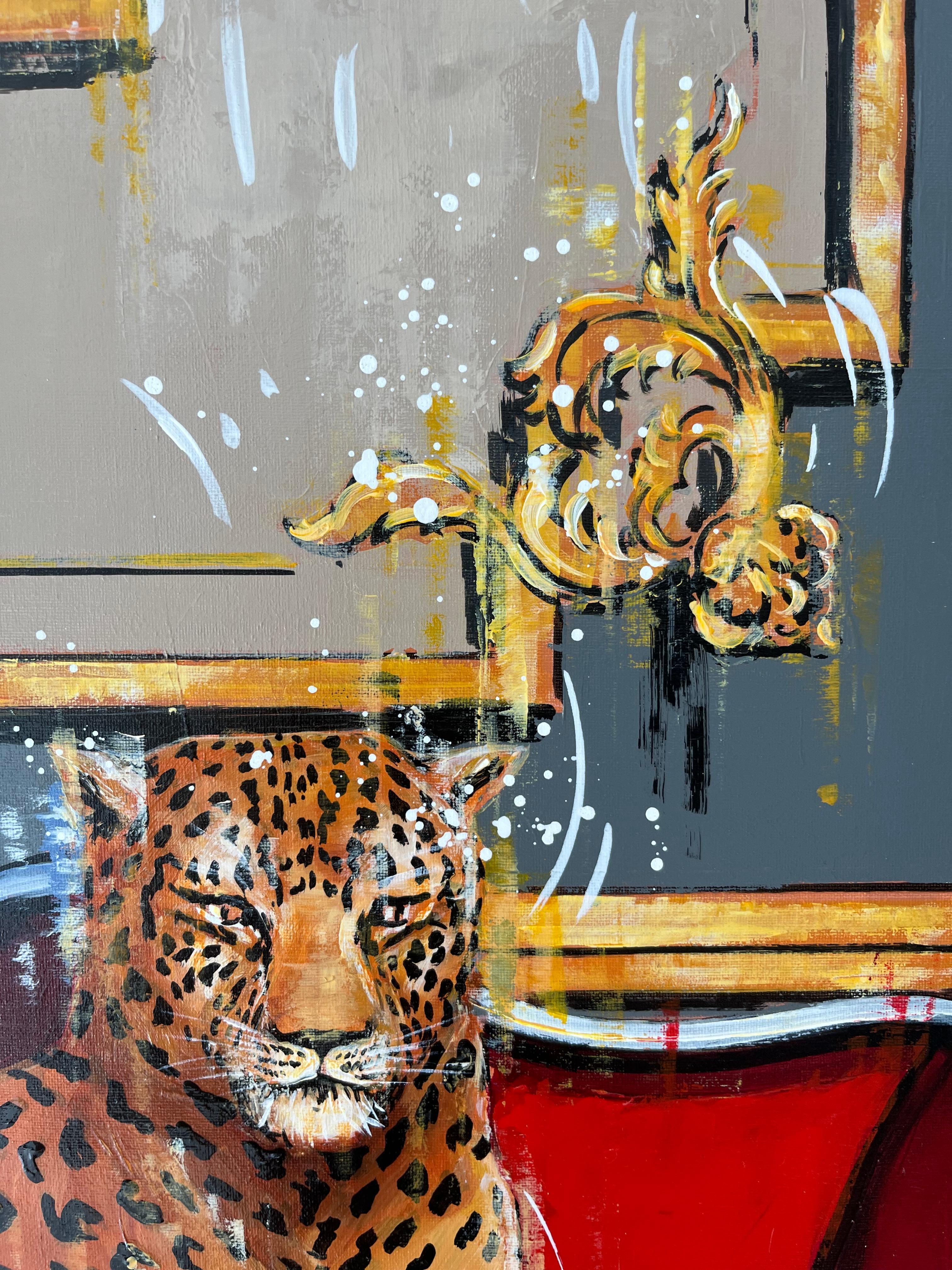 Golden Lady - original wildlife interior Leopard zeitgenössisches Ölgemälde - Kunst (Braun), Interior Painting, von Nathan Neven