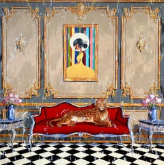 Golden Lady - peinture à l'huile contemporaine d'intérieur de léopard original - art