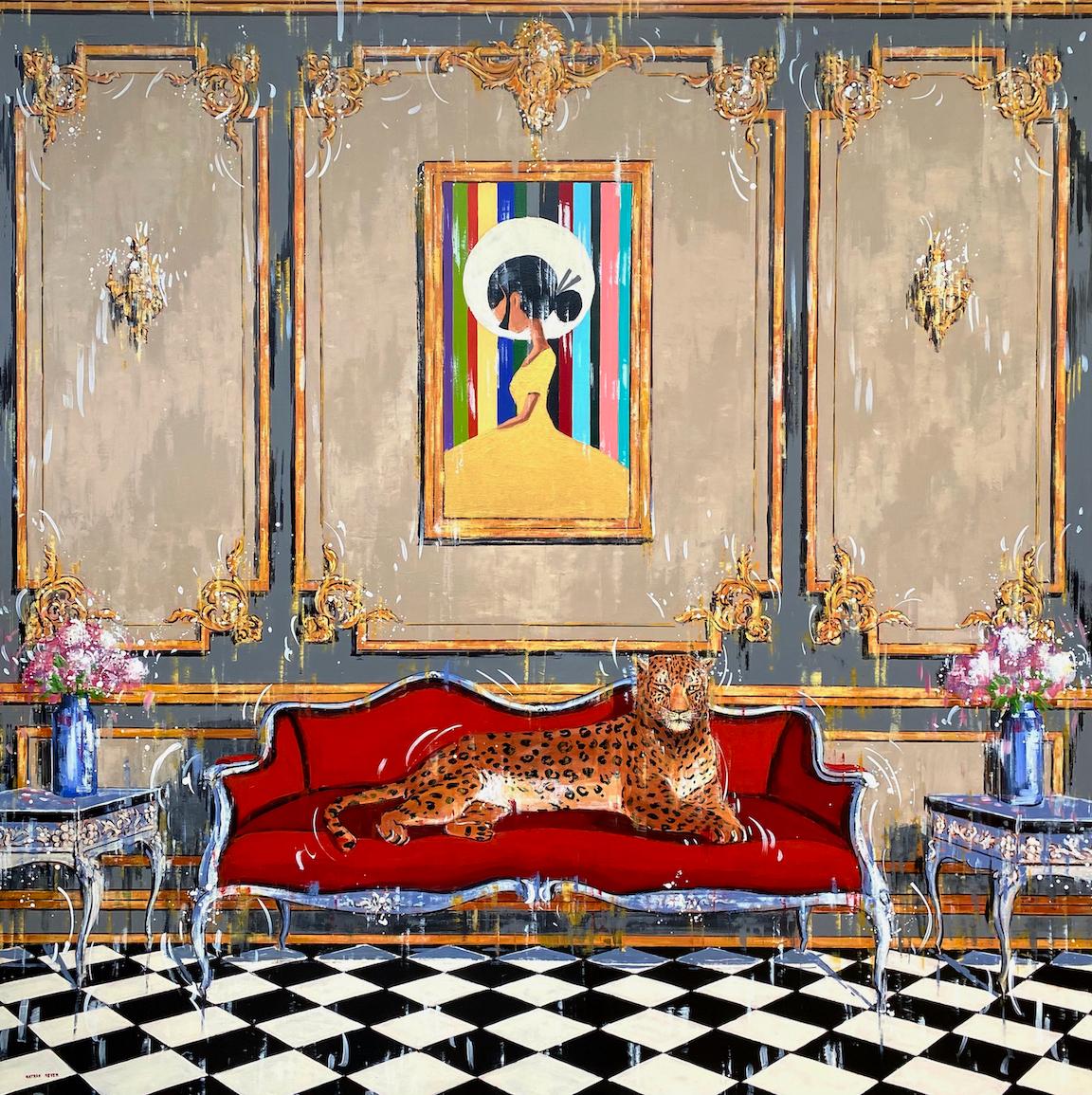 Golden Lady - original wildlife interior Leopard contemporary oil painting