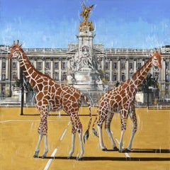 Golden Path-original surreal wildlife cityscape painting- contemporary art