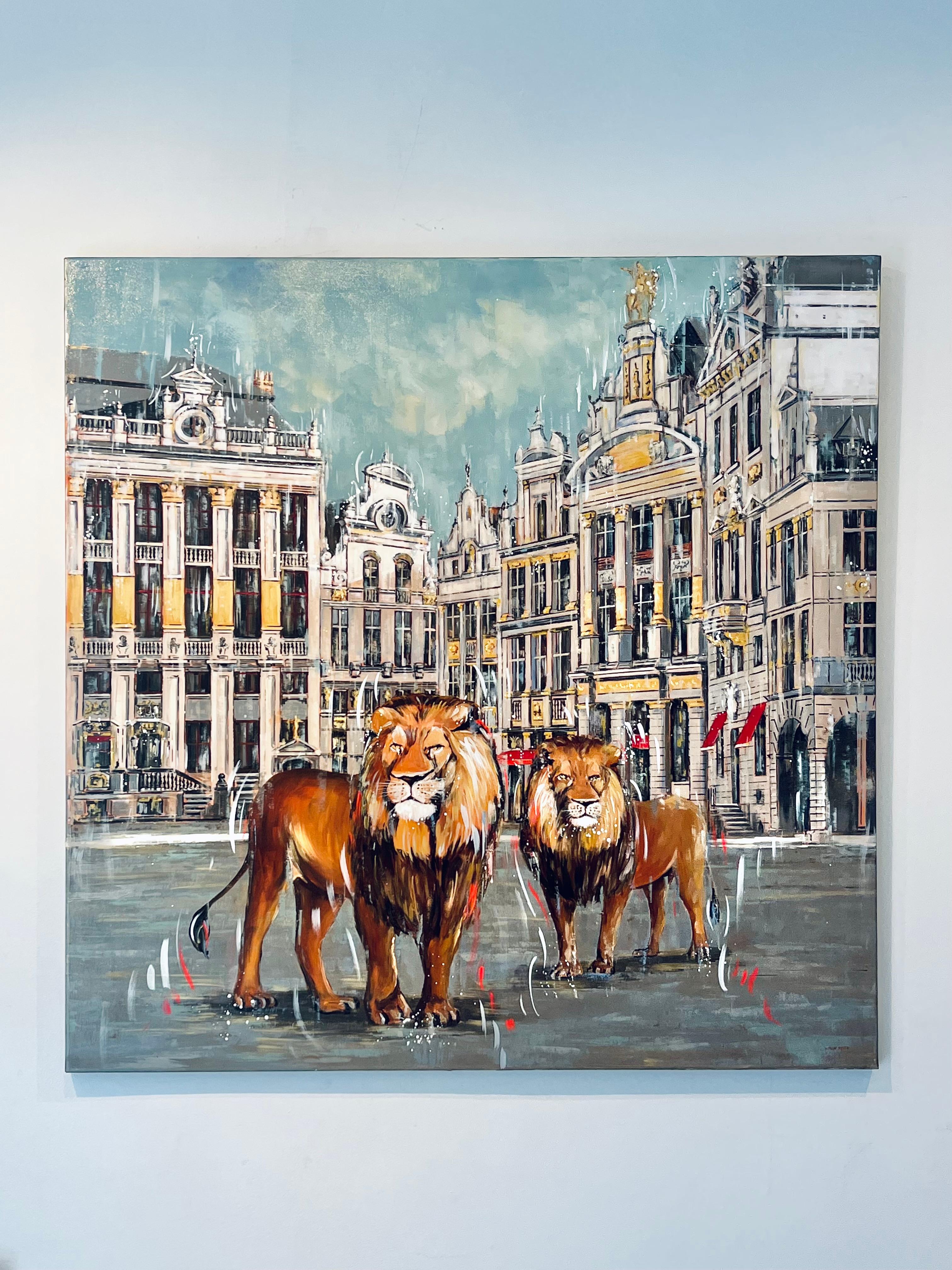 Grande Place – originelle Stadtlandschaft mit Tieren aus der Tierwelt, Architektur und moderne Kunst  – Painting von Nathan Neven