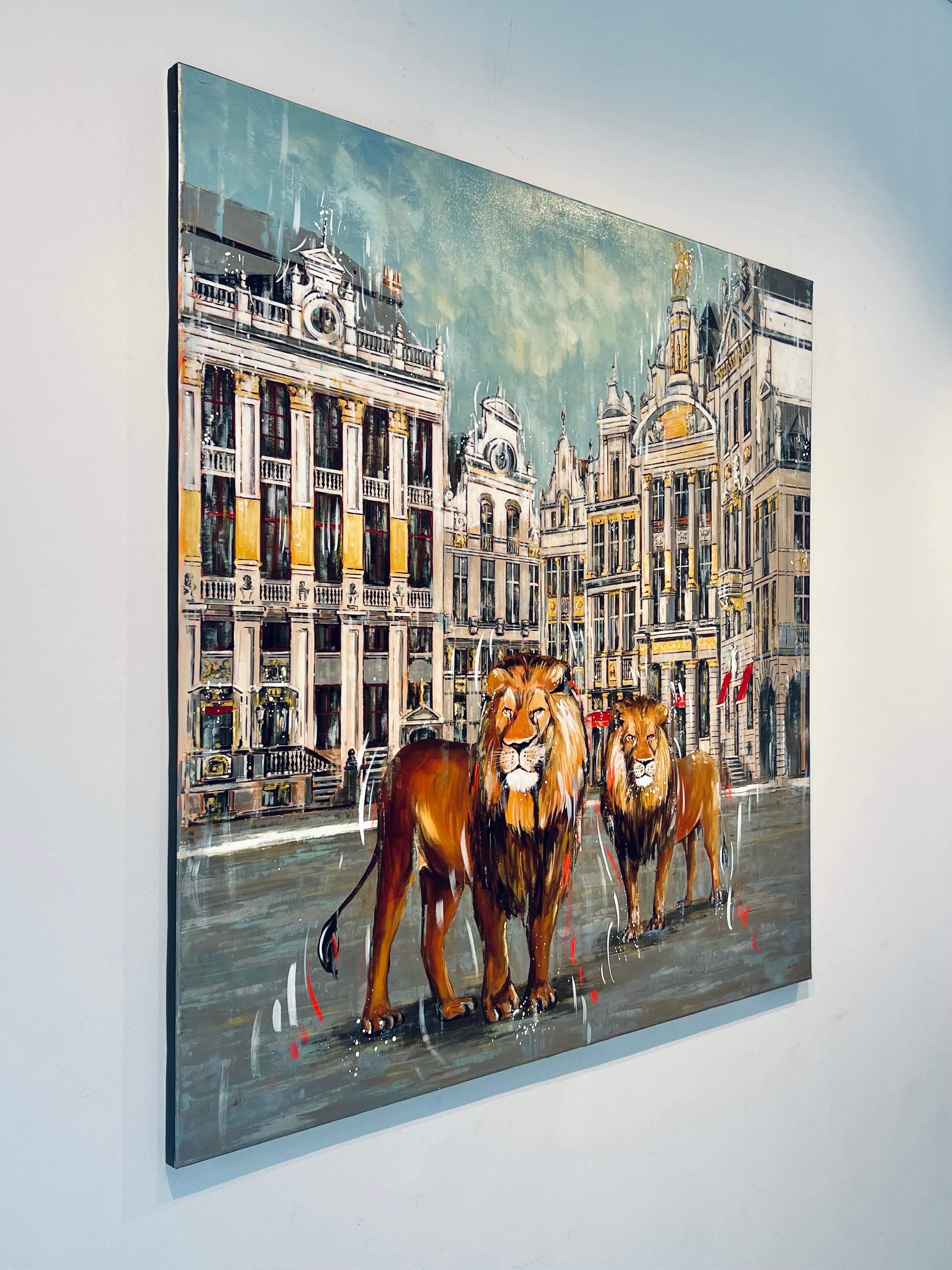 Grande Place-original cityscape wildlife animal architecture-modern art  - Surrealist Painting by Nathan Neven