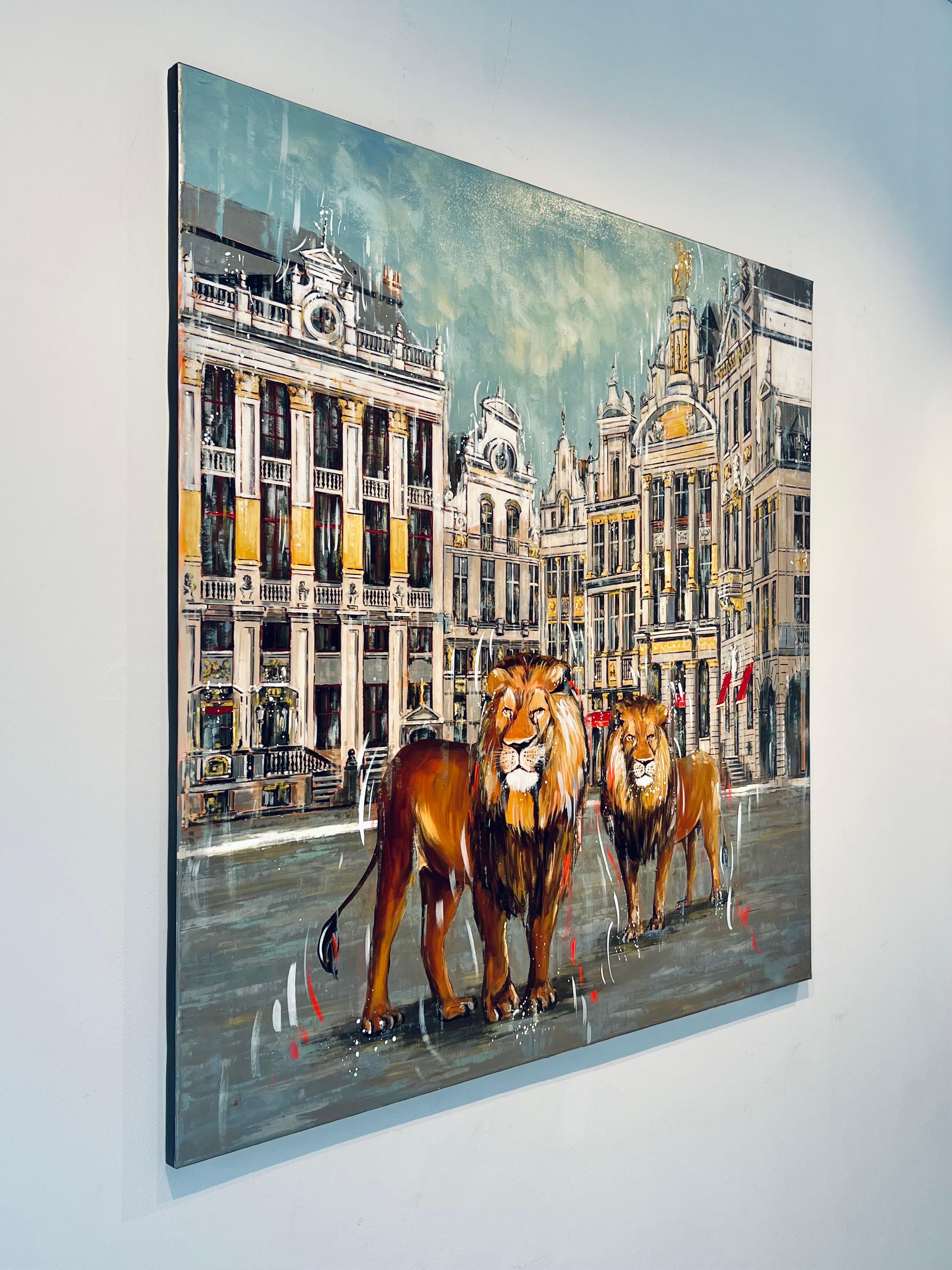 Grande Place-paisaje urbano original fauna animal arquitectura-arte moderno - Painting Surrealista de Nathan Neven