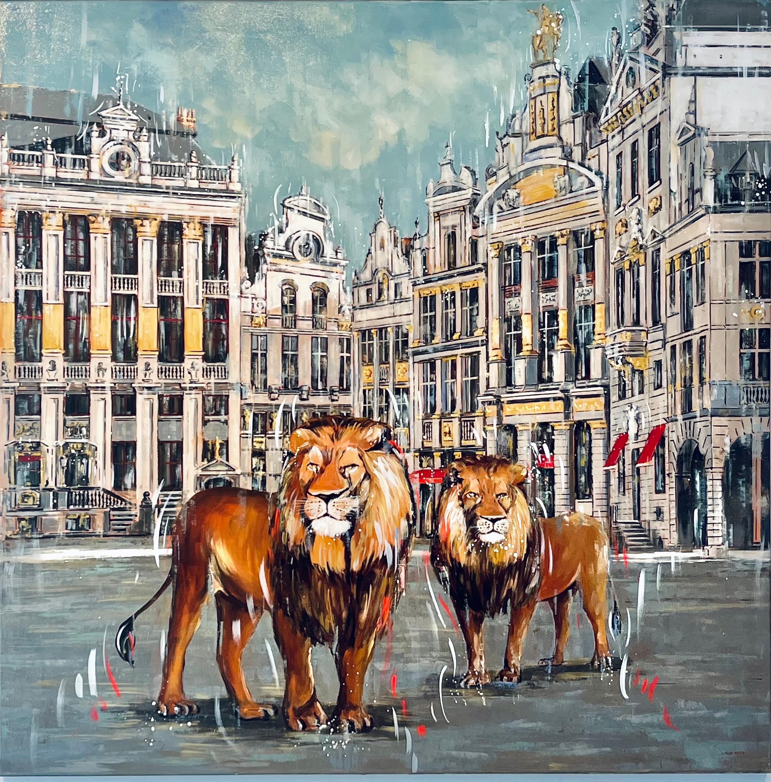 Nathan Neven Landscape Painting – Grande Place – originelle Stadtlandschaft mit Tieren aus der Tierwelt, Architektur und moderne Kunst 