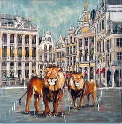 Grande Place-original wildlife Cityscape animal architecture modern oil painting