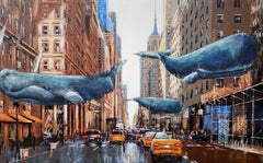 Herman Herman's Dream - New Yorker Stadtlandschaft urbanes surrealistisches Tier-Ölgemälde, zeitgenössisch