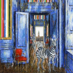 Homeowners - surreal wildlife animal interior scene zebra original oil painting
