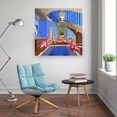 House of Flamingos- pintura al óleo original impresionista de la fauna salvaje- arte moderno