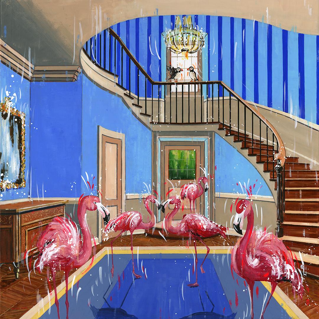 Nathan Neven Interior Painting - House of Flamingos- original impressionist wildlife oil painting- modern art