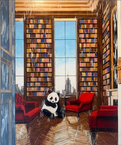 Library Club - original contemporary interior painting oil expressionist animal