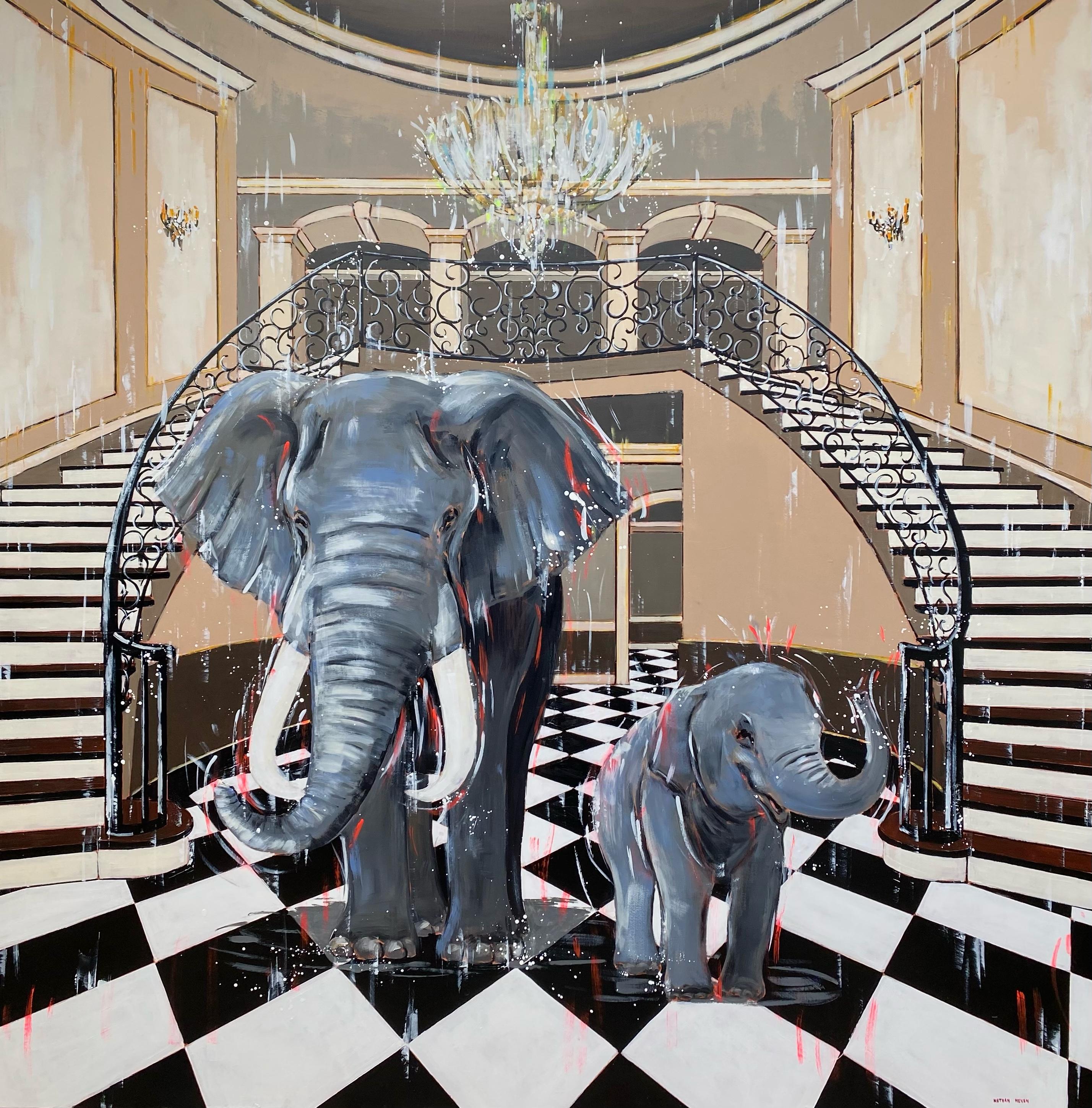 Nathan Neven Interior Painting - Made to Love - abstract wildlife elephant interior oil painting-contemporary art