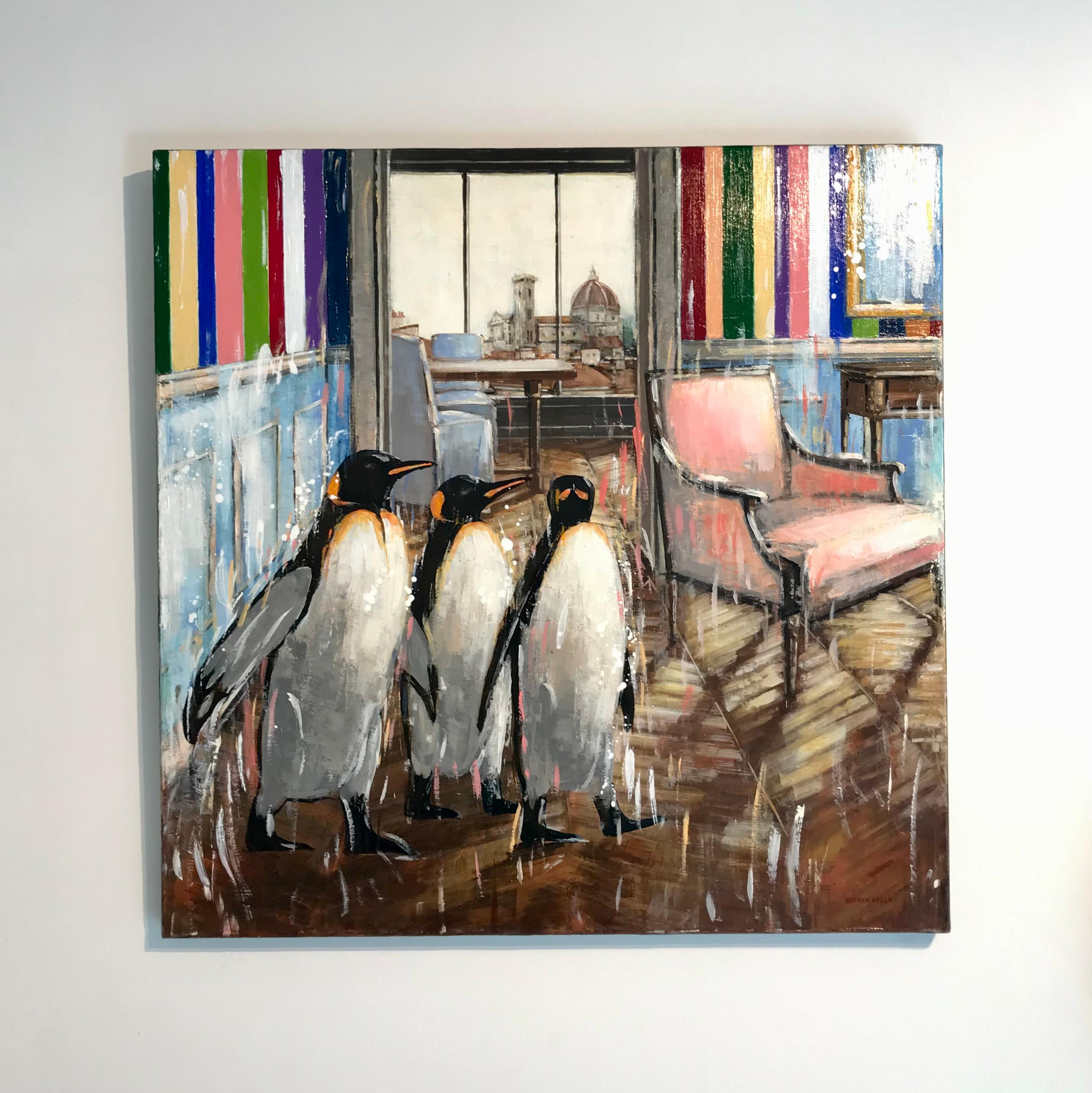 Medici’s Explorers interior modern animal penguin original oil painting - Painting by Nathan Neven