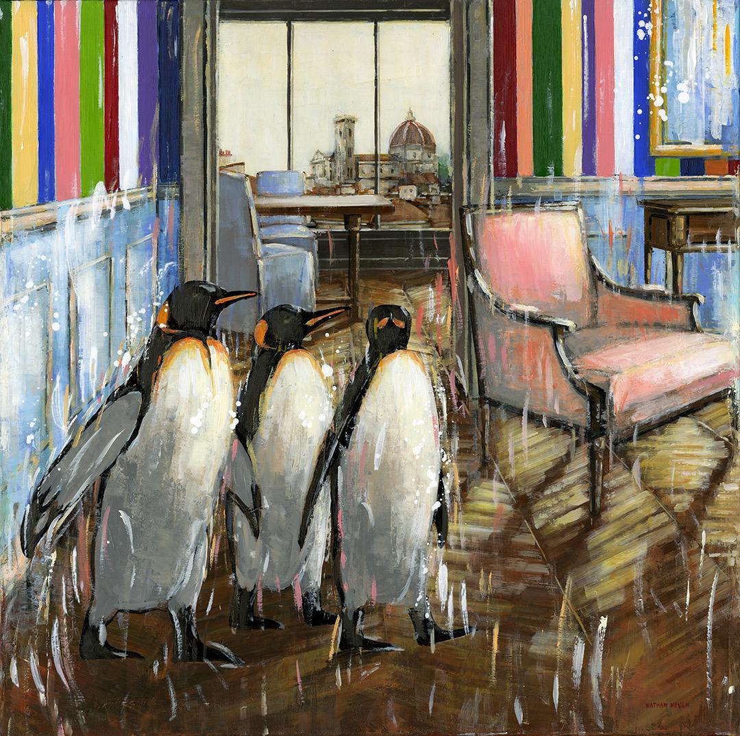 Nathan Neven Interior Painting - Medici’s Explorers interior modern animal penguin original oil painting